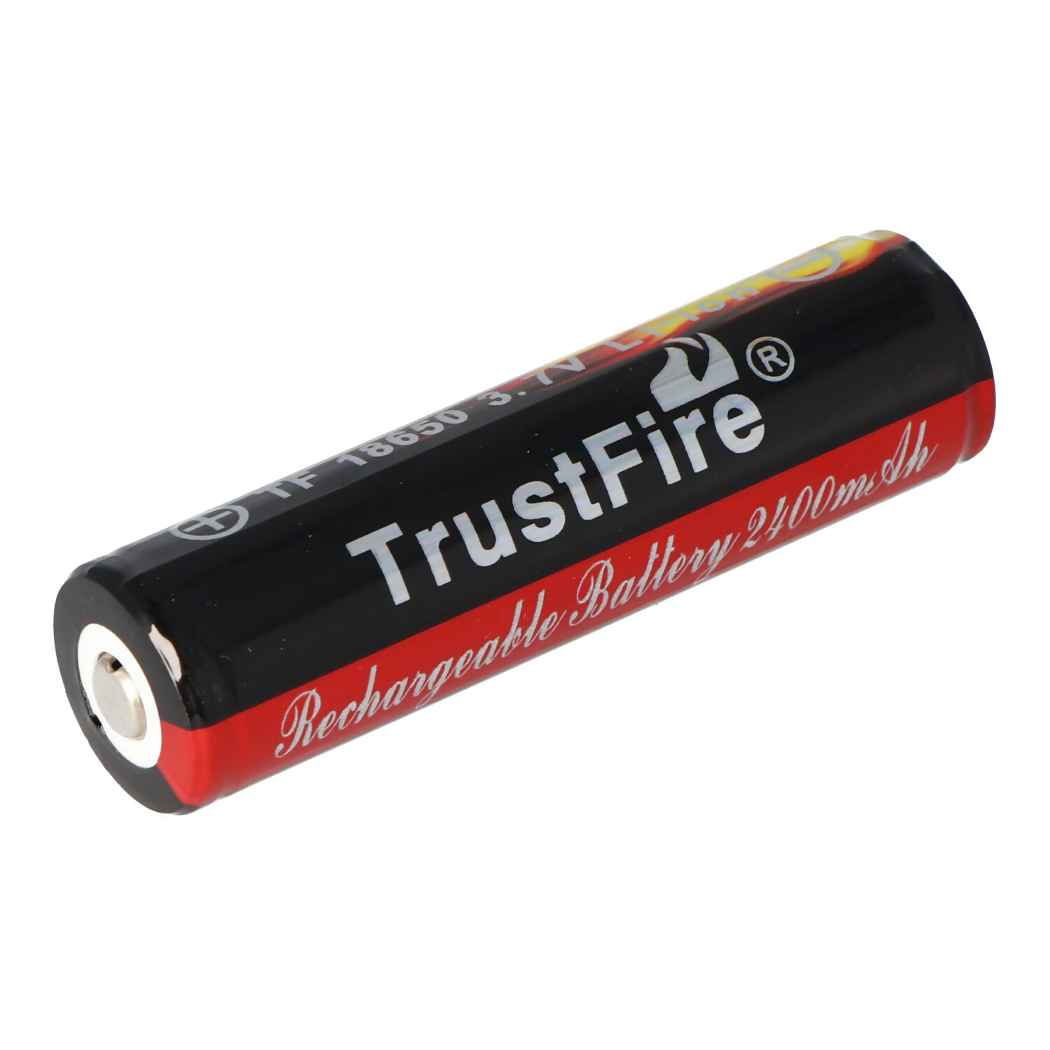 A rechargeable battery, black and red, with the words 'TrustFire' and 'Rechargeable Battery' on it.