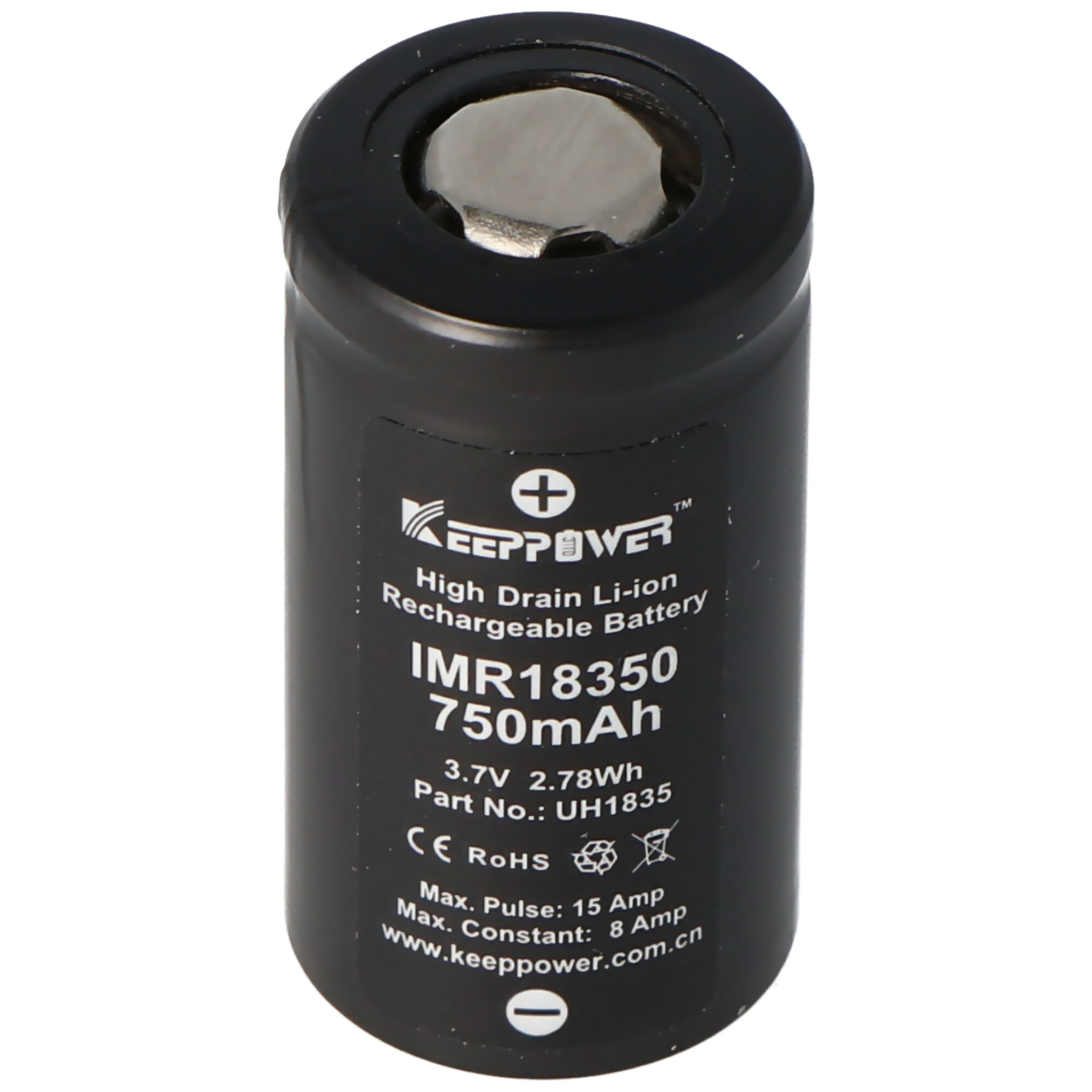 Een zwarte cilindrische batterij met een label. Het label heeft witte tekst en een plusteken.