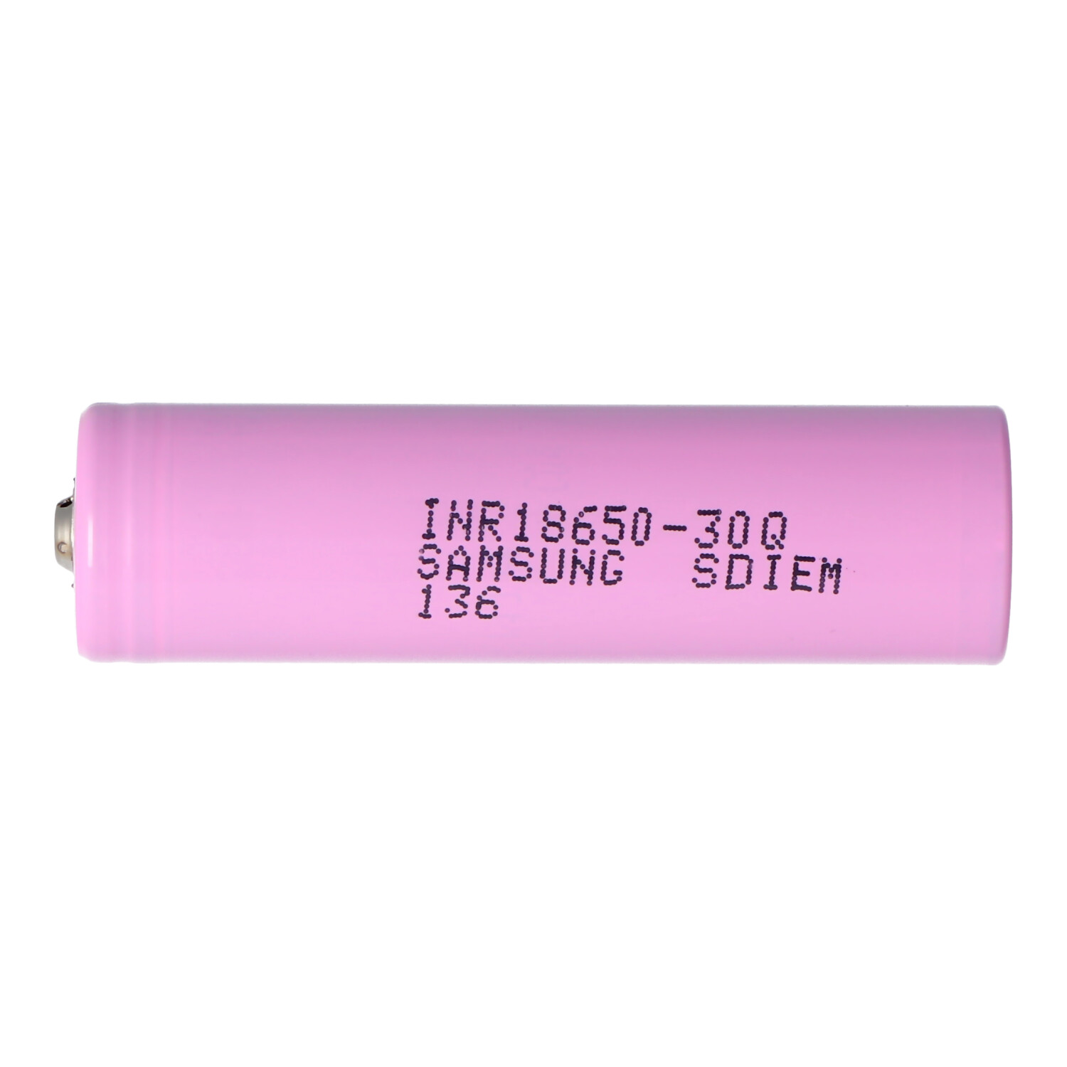 Rosa zylindrische Batterie mit Text, weißer Hintergrund, Draufsicht.