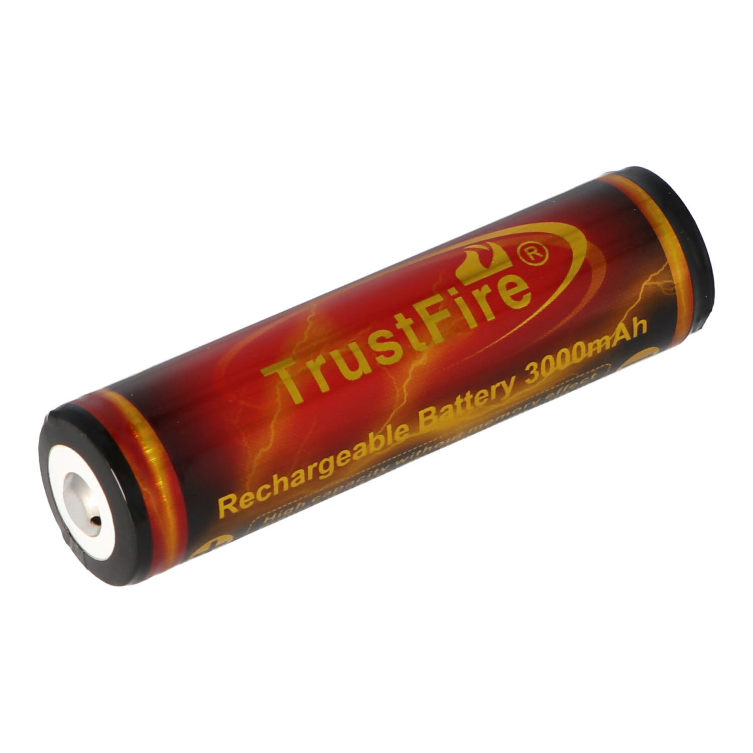 Red and black TrustFire rechargeable battery with text and lightning graphic.