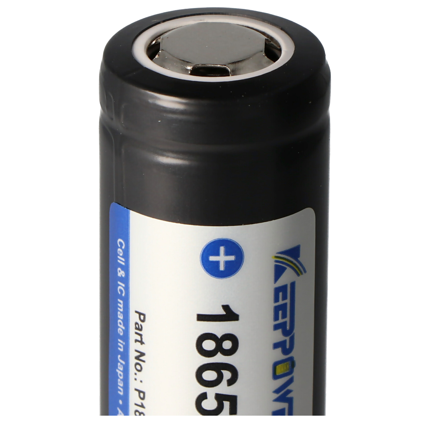 Black battery with white text and a plus sign, and a blue label.