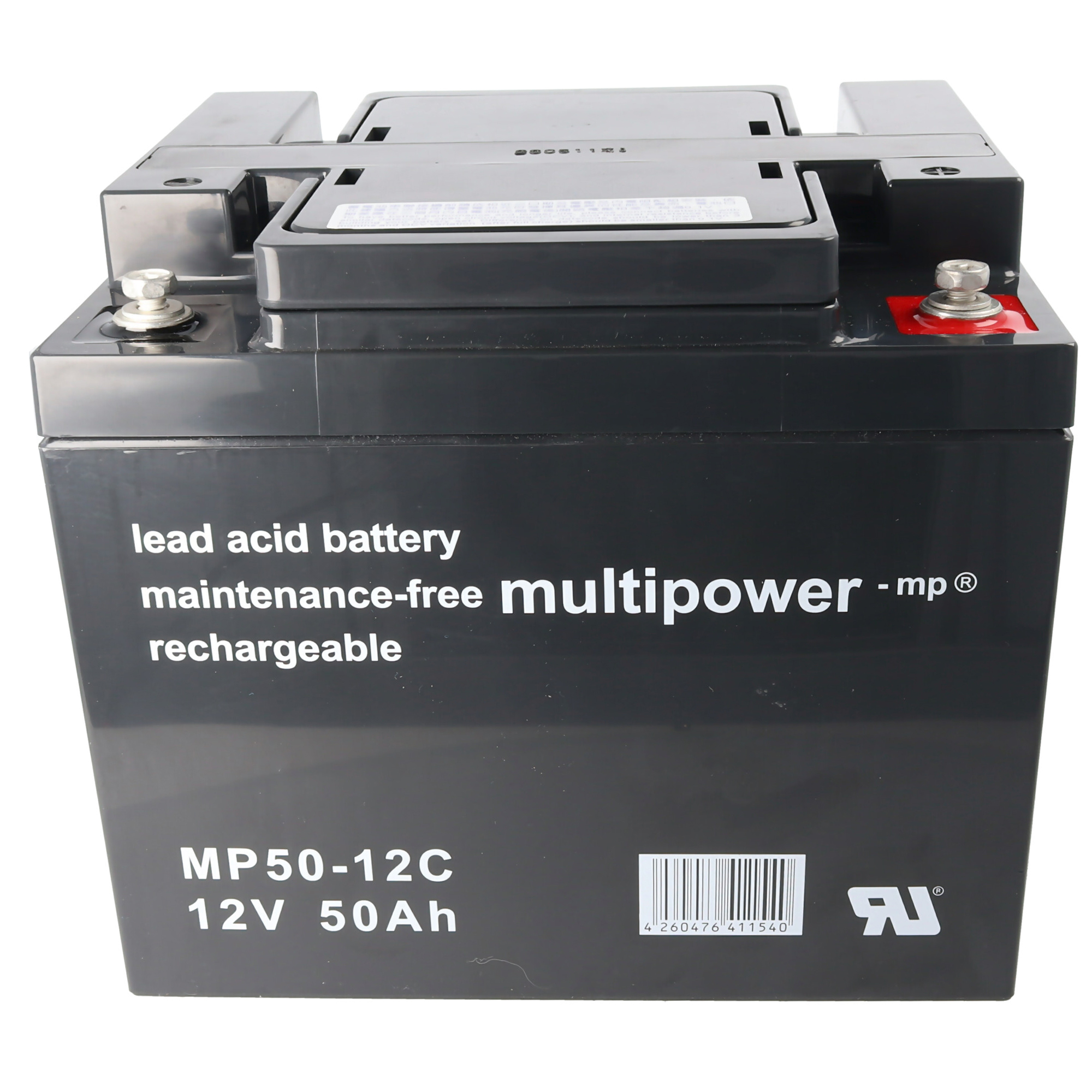 Schwarze Blei-Säure-Batterie mit weißem Text. Sie ist mit 'multipower' und 'MP50-12C 12V 50Ah' beschriftet.