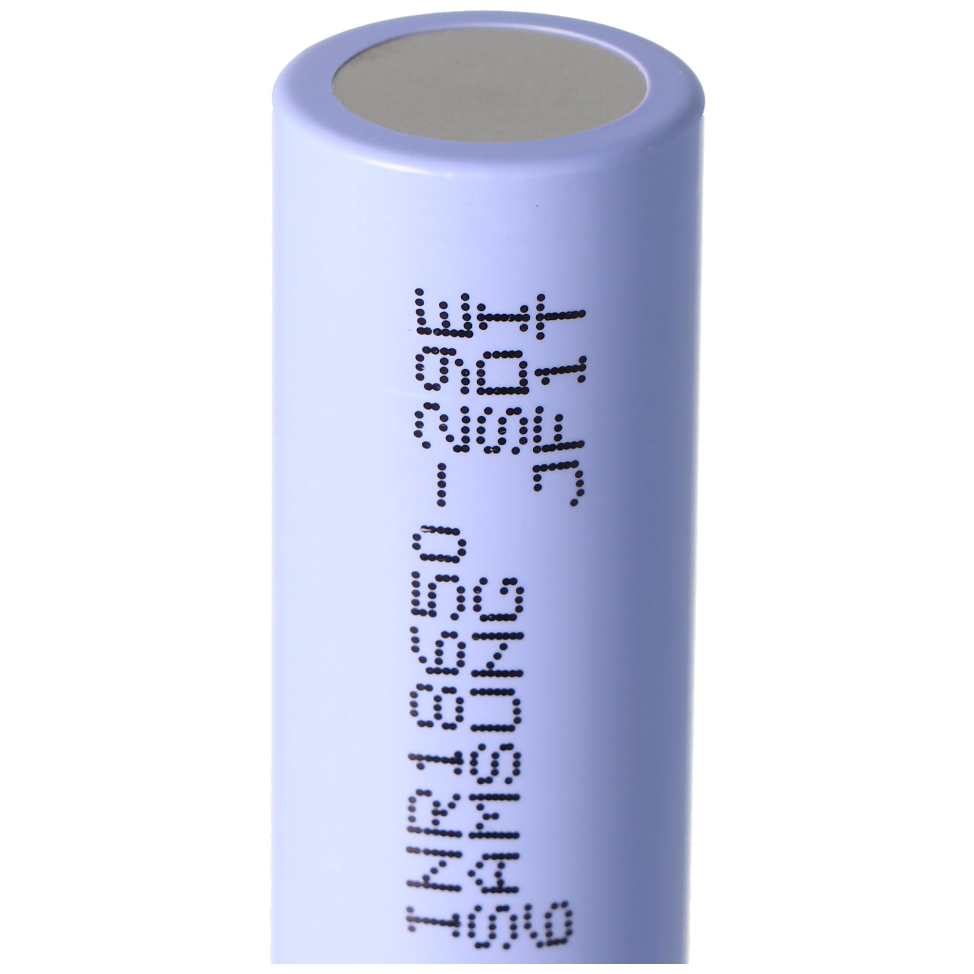 Helllila Batterie mit schwarzem Text und grauem Deckel.