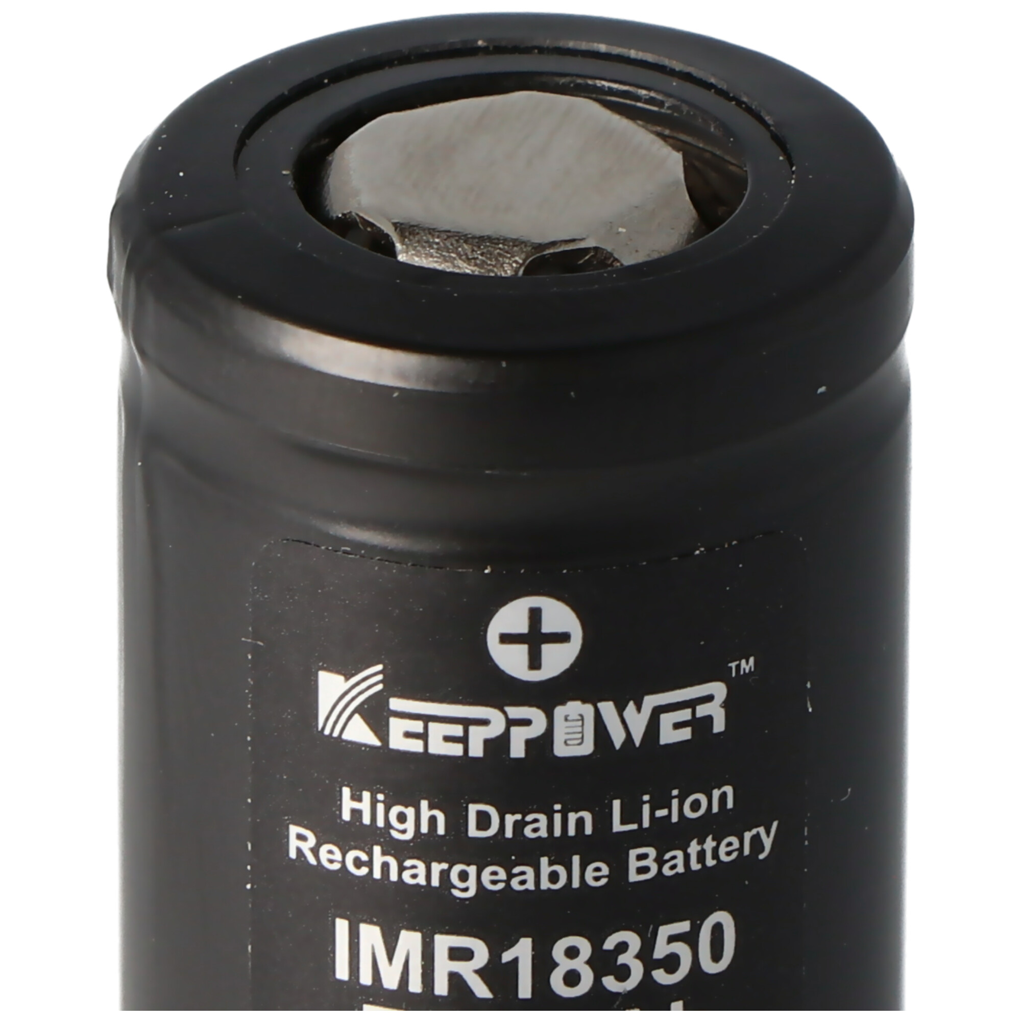 Een zwarte oplaadbare batterij met de tekst 'High Drain Li-ion' en 'IMR18350'.