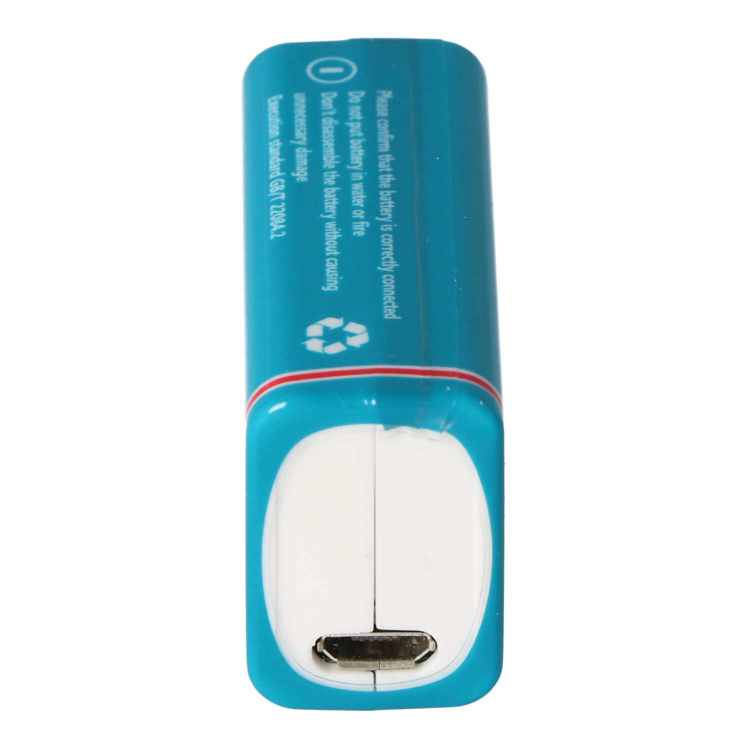 Blauwe batterijlader met een USB-poort en waarschuwingstekst.