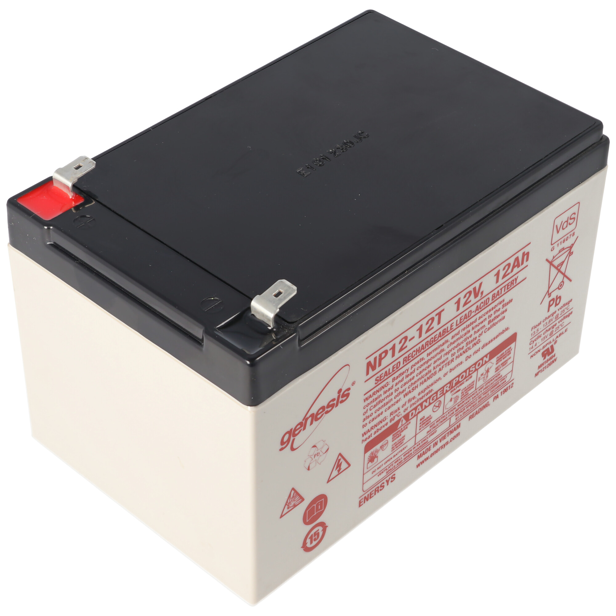 Eine rechteckige, schwarze, versiegelte Blei-Säure-Batterie mit weißem Gehäuse, mit Warnhinweisen und Text.
