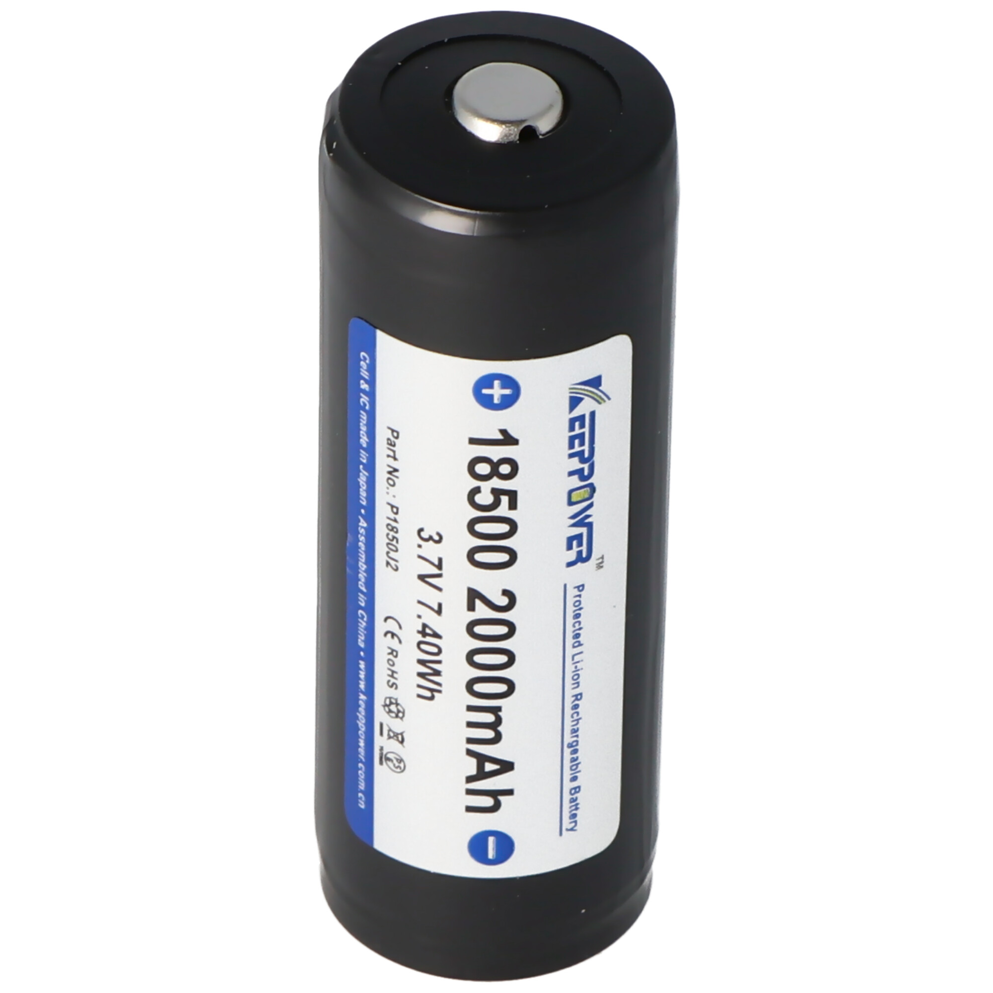 Zwarte batterij met witte tekst. Toont + en - tekens en details van 18500 2000mAh.