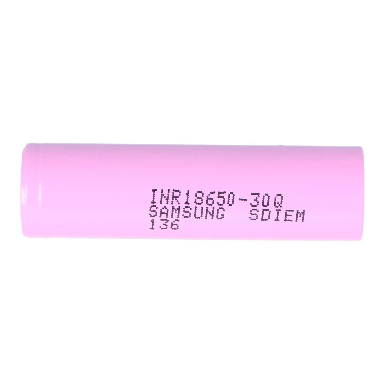 Eine rosa 18650-Batterie mit schwarzem Text.