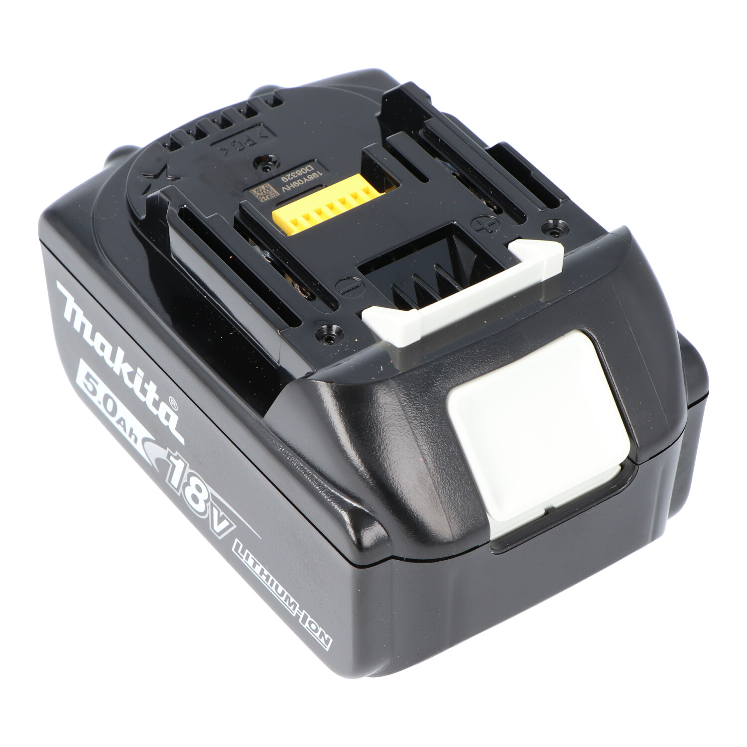 Una batteria Makita nera, vista dall'alto. Ha un pulsante bianco e un connettore giallo, sfondo bianco.