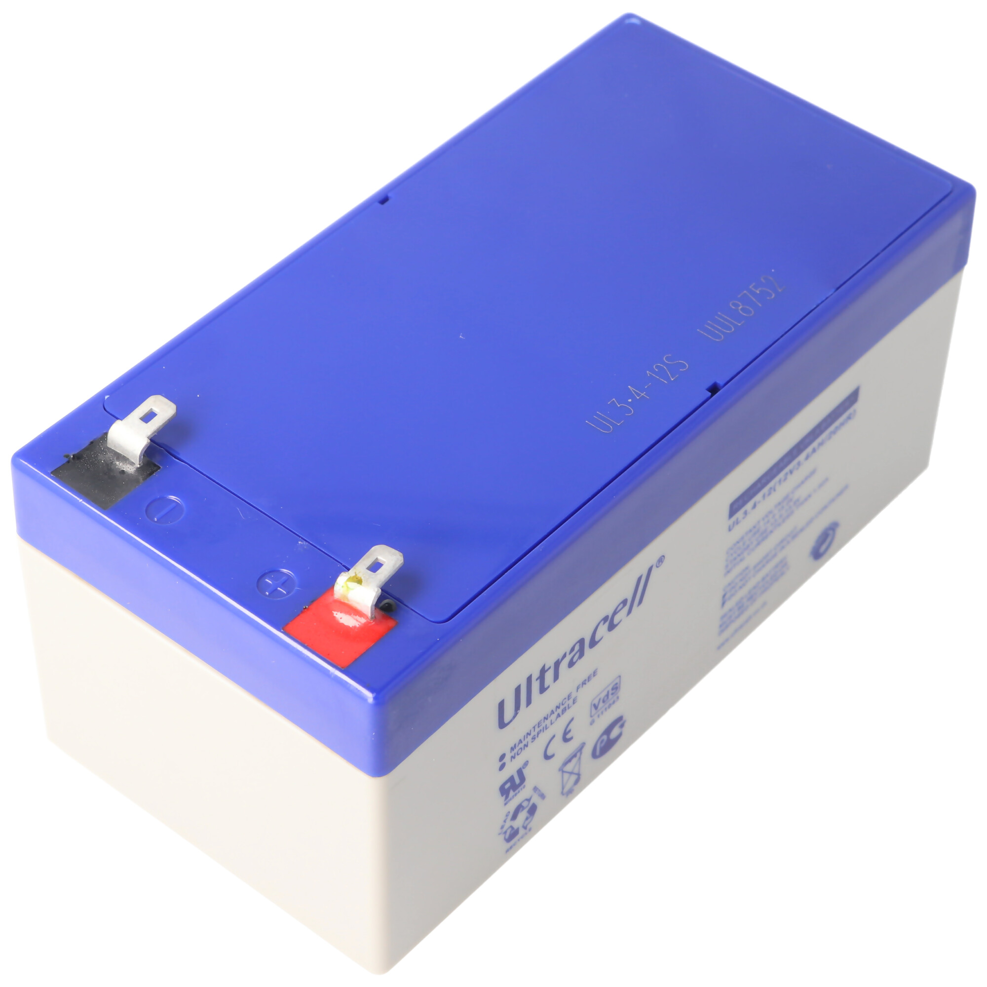 Blaue Batterie. Rechteckig mit weißer Basis. Roter Tab. Weißer Hintergrund.