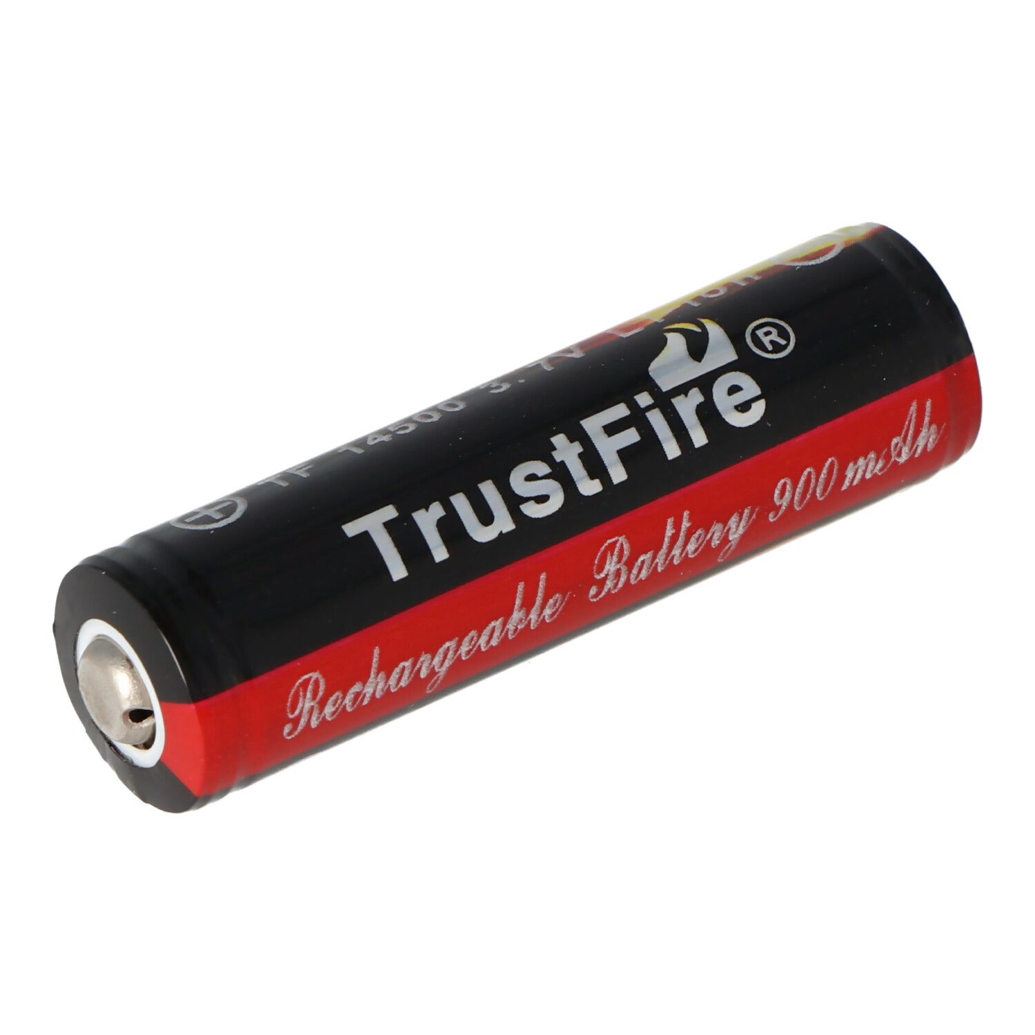 Cylindrical black and red battery with white text.