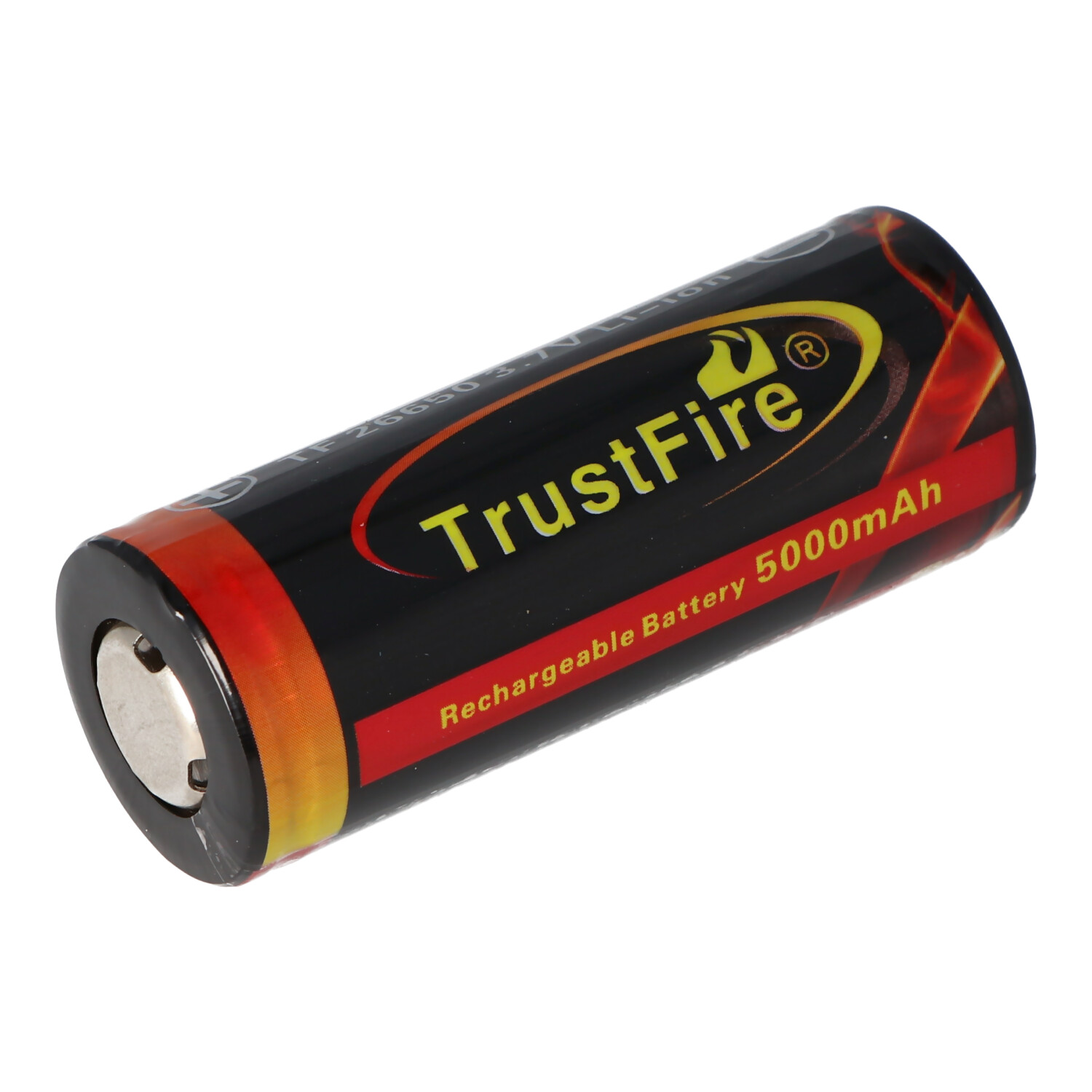 Een zwarte en rode cilindrische batterij met de woorden 'TrustFire' erop. Het staat op een wit oppervlak.