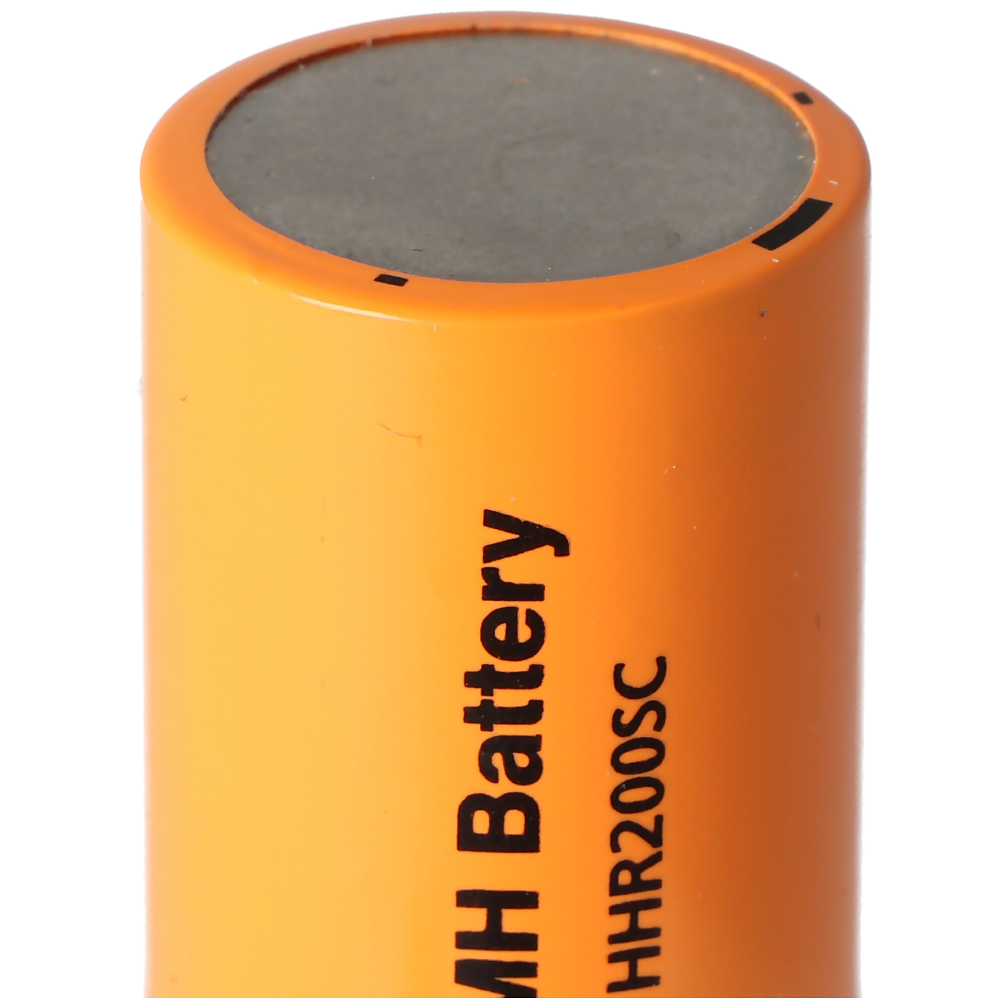 Close-up of an orange battery with white text.