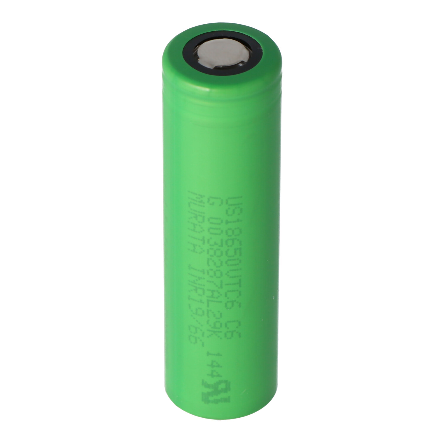 Grüne zylindrische Batterie. Gedruckter Text. Metallische Oberseite.