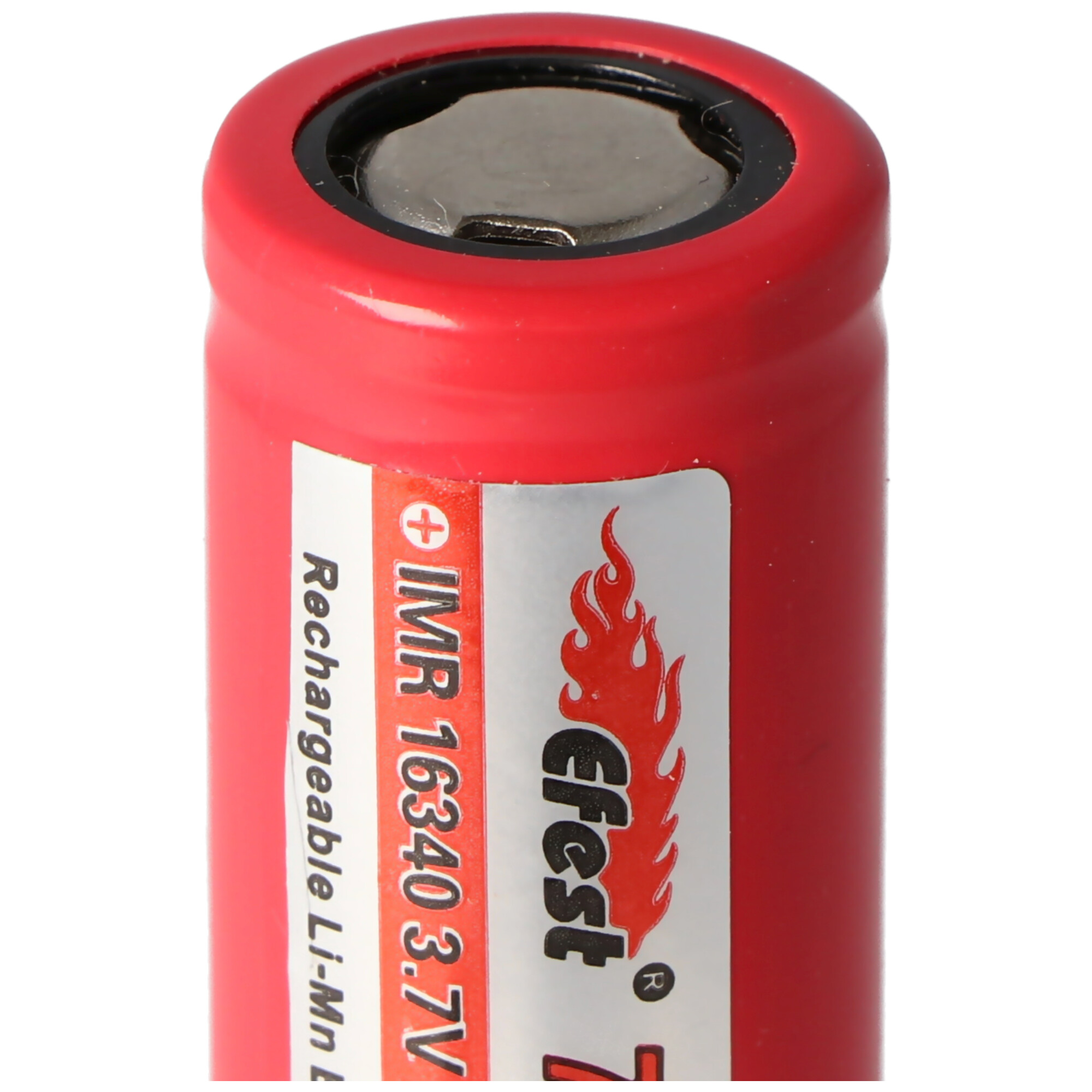 A close-up of a red rechargeable battery. It has a red label with white text and a silver top.