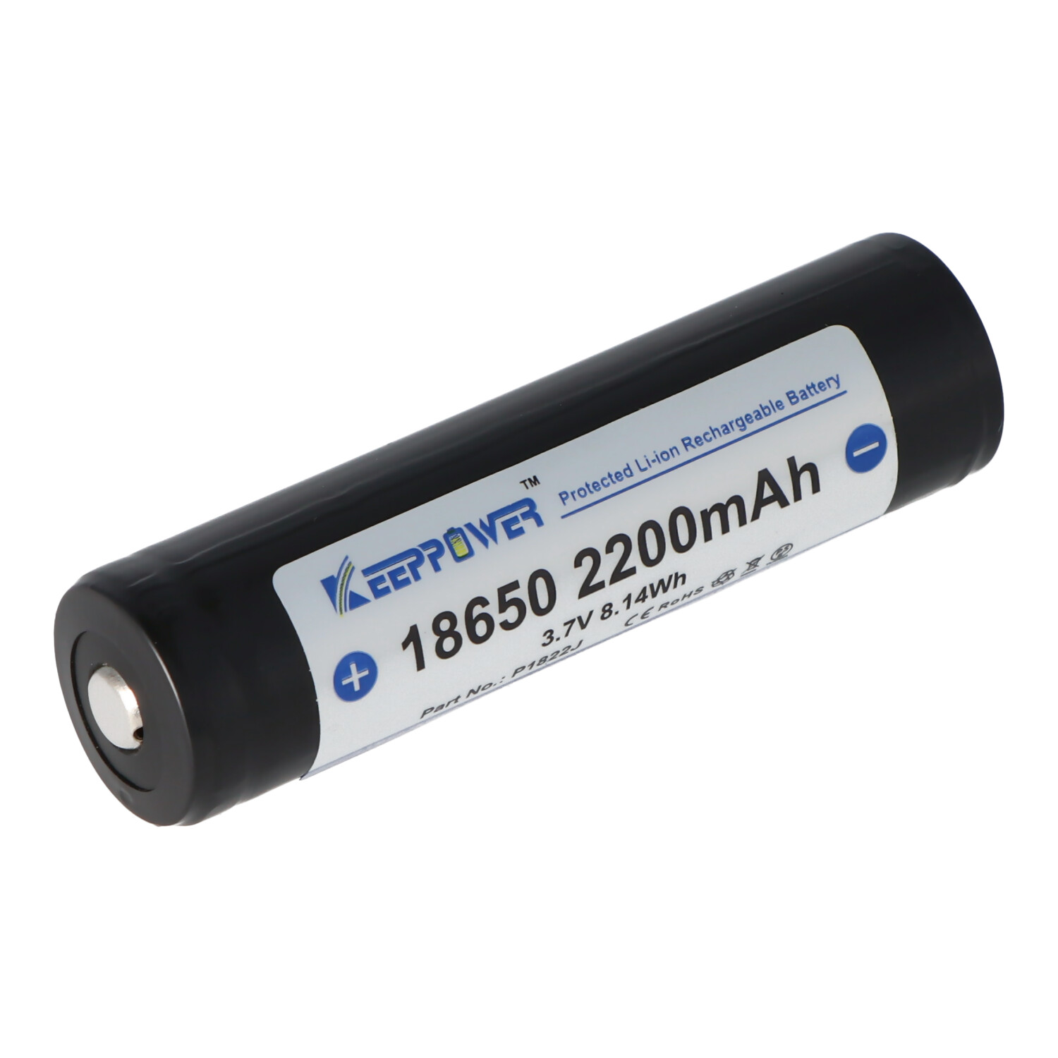 Schwarze 18650 2200mAh Batterie. Blau-weißes Etikett.
