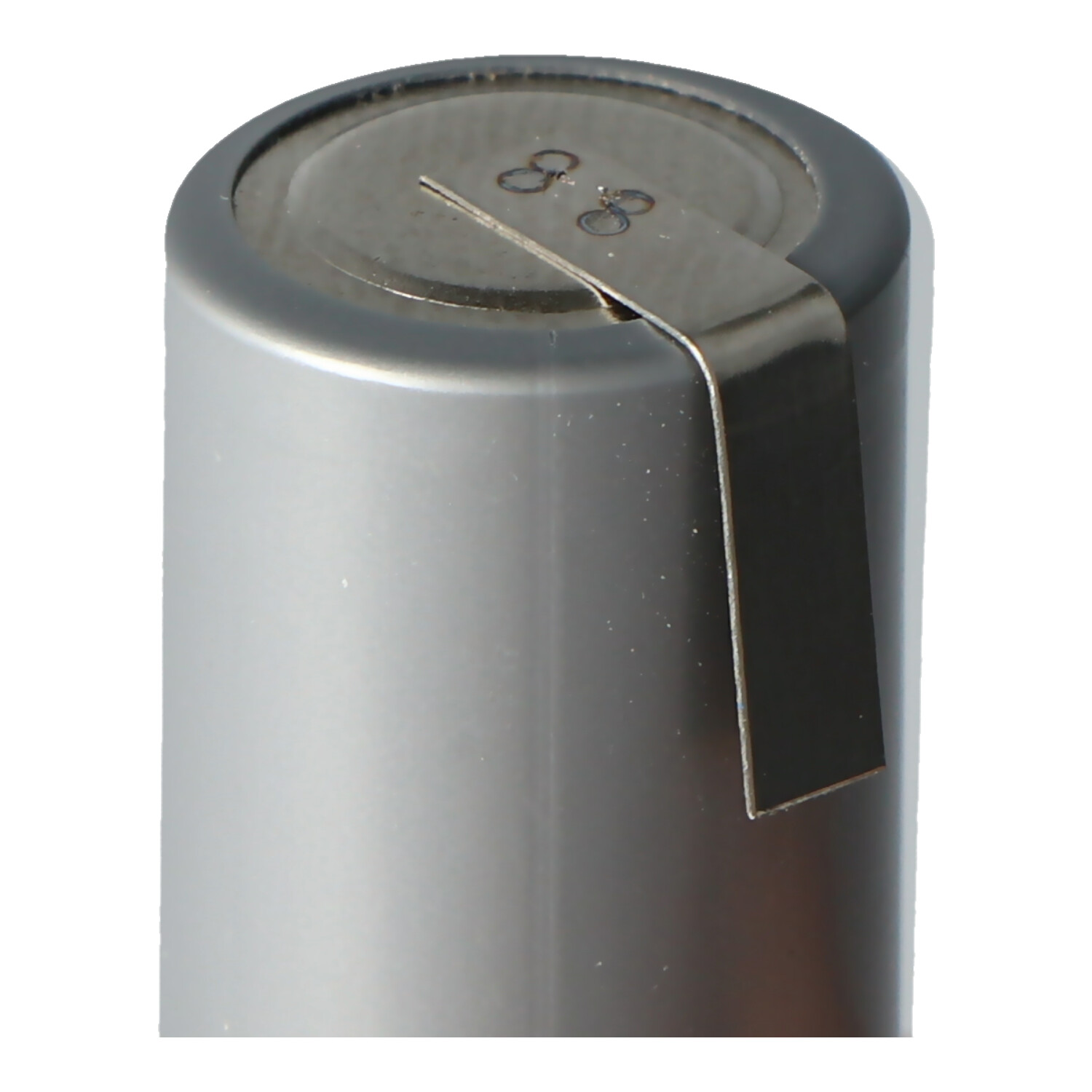 Silver battery with a metal contact on top and a metal clip.