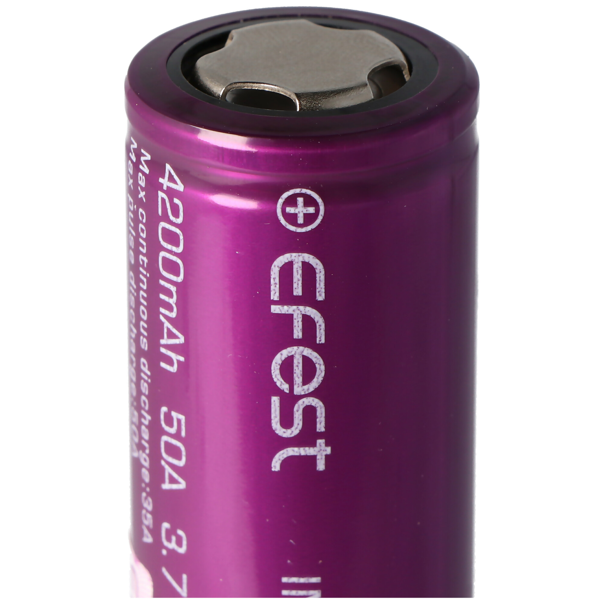 Eine violette Efest-Batterie mit Text. Die Oberseite hat eine silberne Kappe.