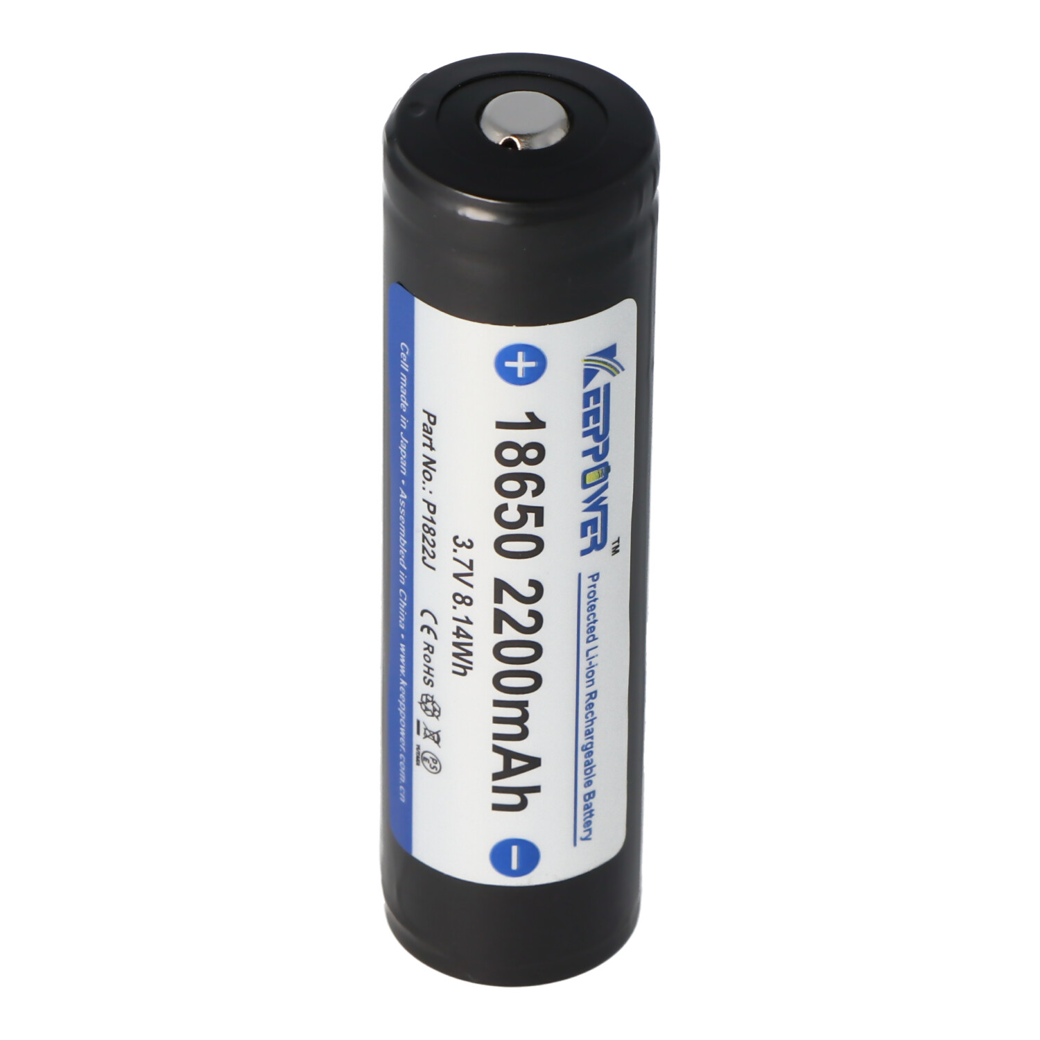 Eine schwarze und blaue zylindrische Batterie mit einem weißen Etikett mit der Aufschrift "18650 2200mAh".