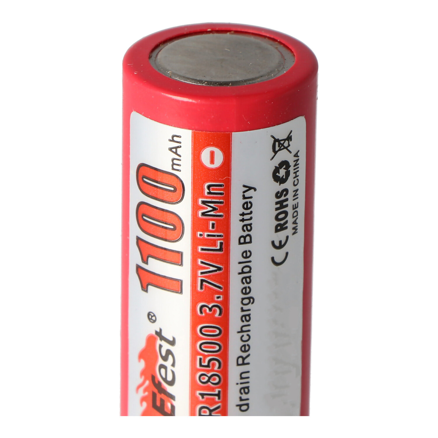 Red and white cylindrical battery with text: 1100mAh, 3.7V Li-Mn, and other technical details.