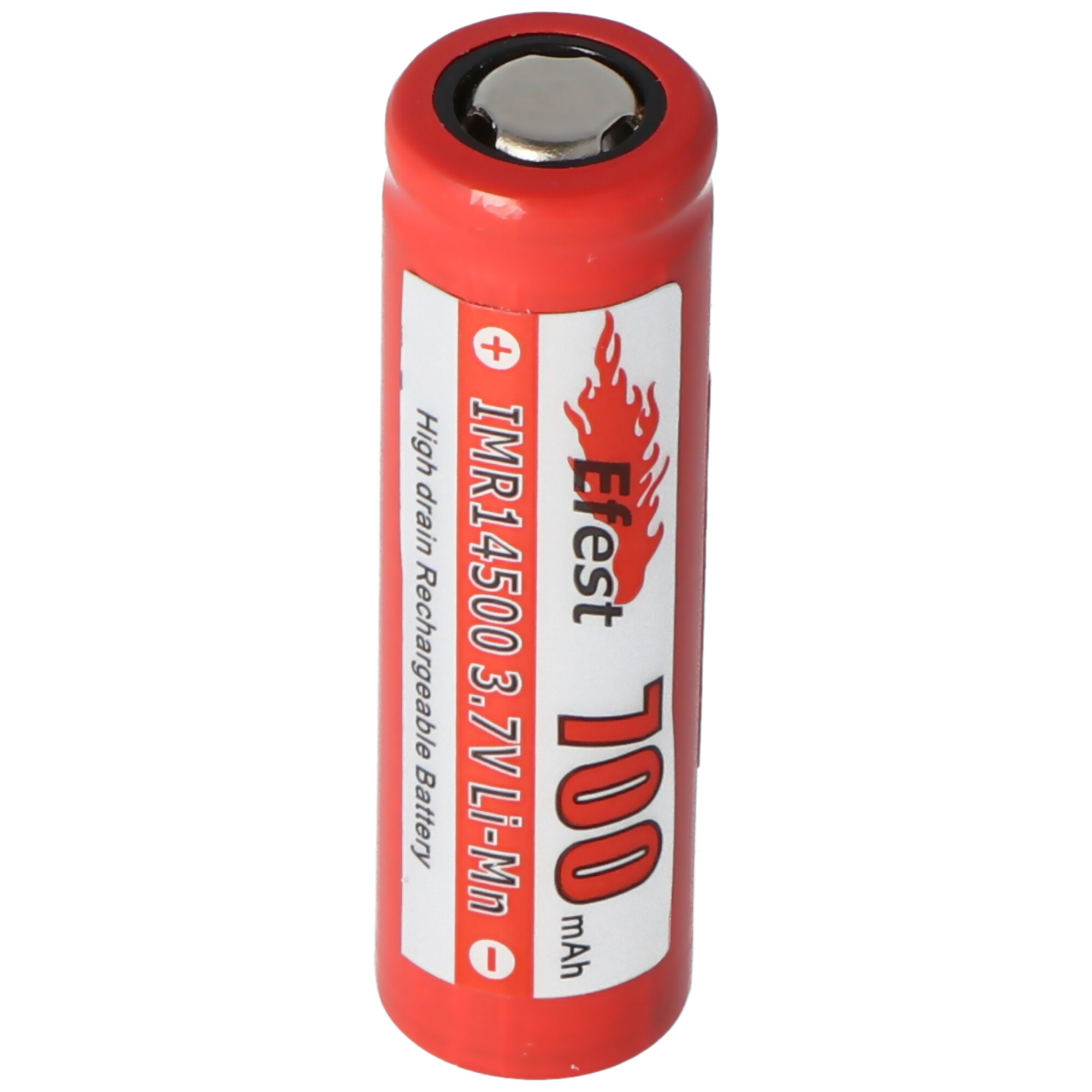 Rode en witte Efest IMR14500 3.7V Li-Mn batterij. De batterij heeft een label met specificaties.