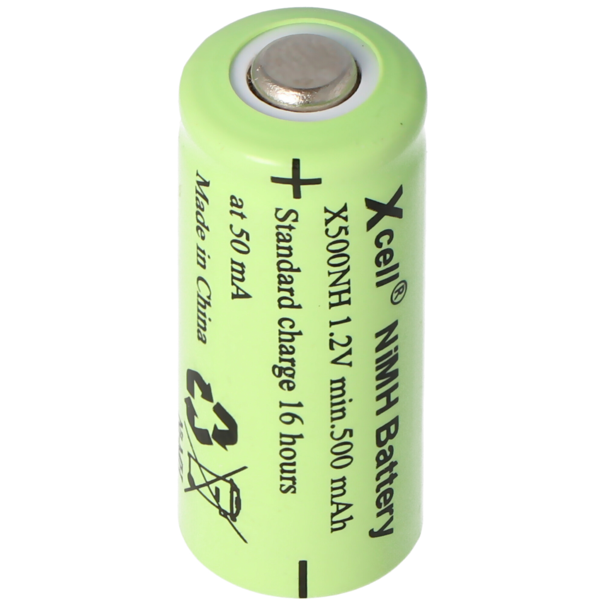 Groene oplaadbare batterij met tekst. Witte achtergrond. Het merk is Xcell.