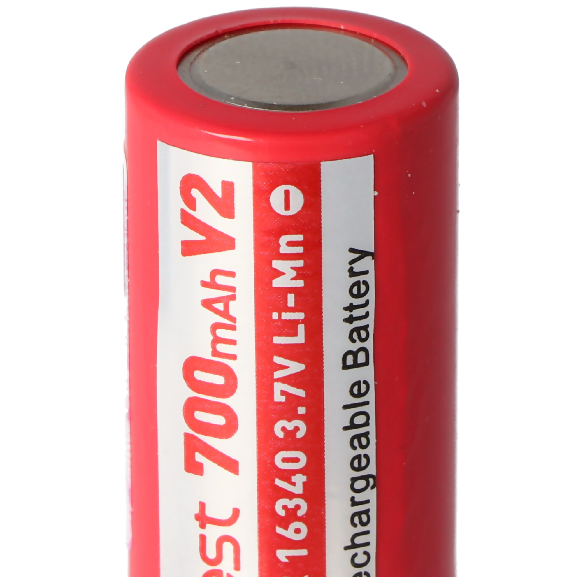 Red rechargeable battery with white label. White background.