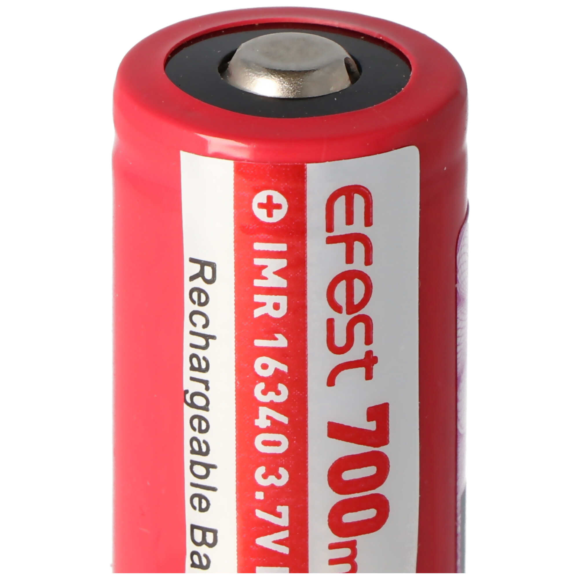 Red rechargeable battery with white label. White background.
