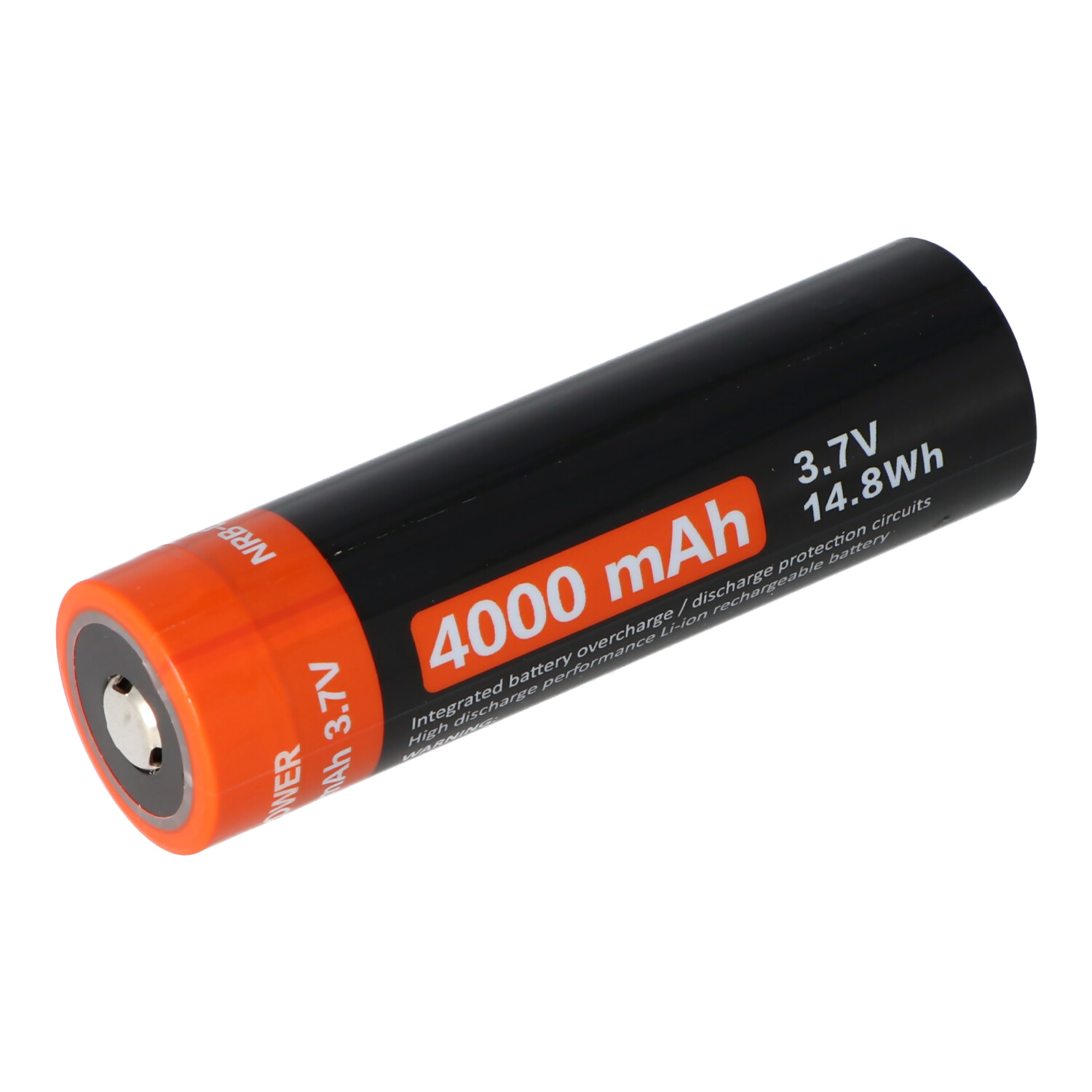 Eine schwarze und orangefarbene zylindrische Batterie mit 4000 mAh und 3,7V Markierungen.