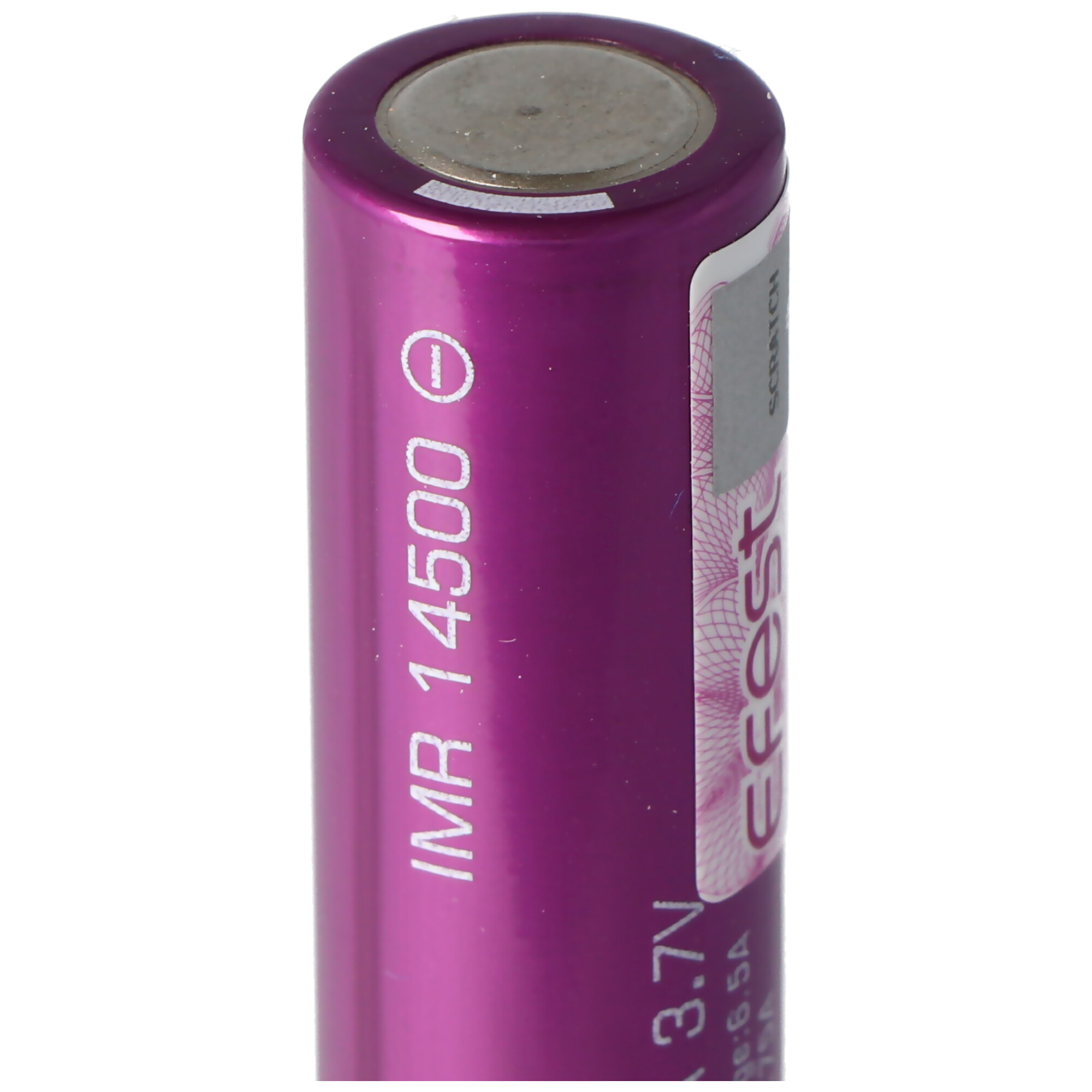 A purple IMR 14500 battery with the positive side visible. Has text, 'IMR 14500' and '3.7V'.