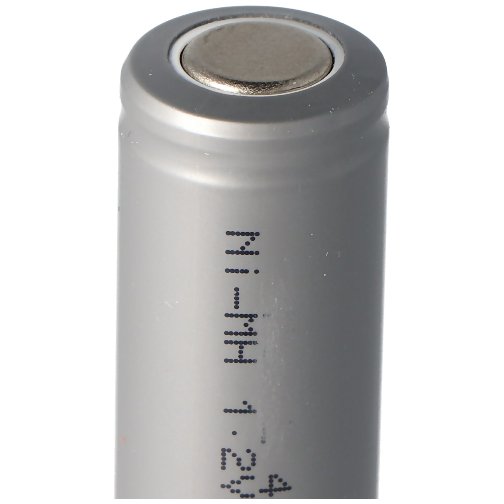 Silver and grey cylindrical battery, with markings, against a white background.