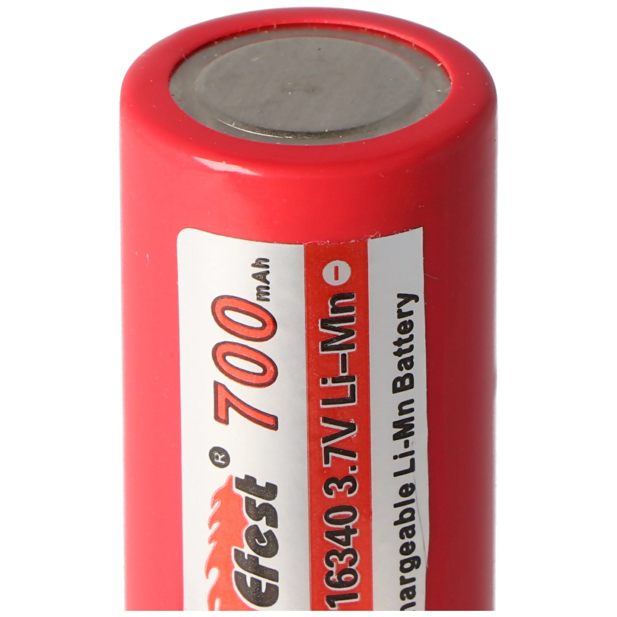 Red cylindrical battery with text. Black and silver top.