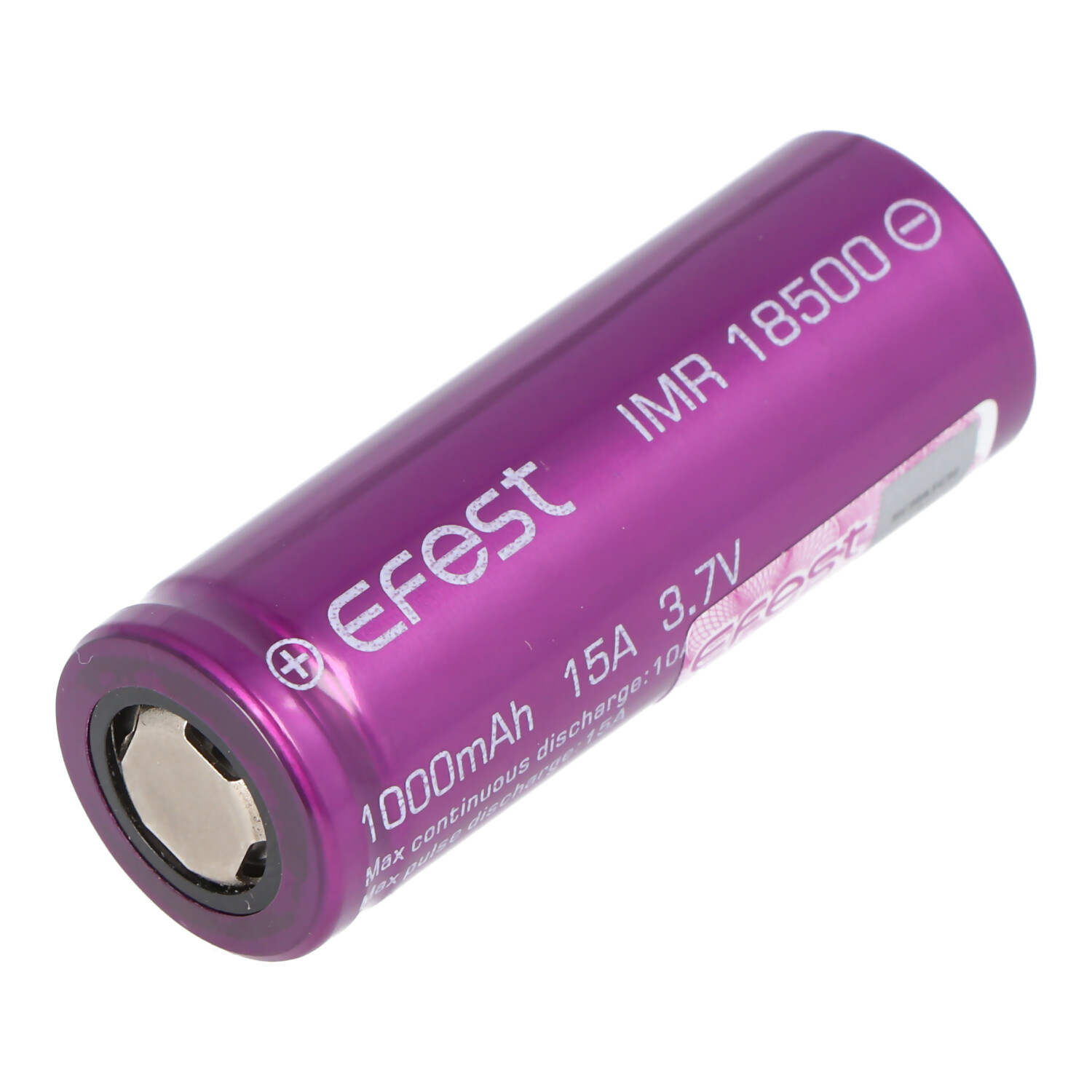 Purple 18500 battery with text indicating capacity and voltage.