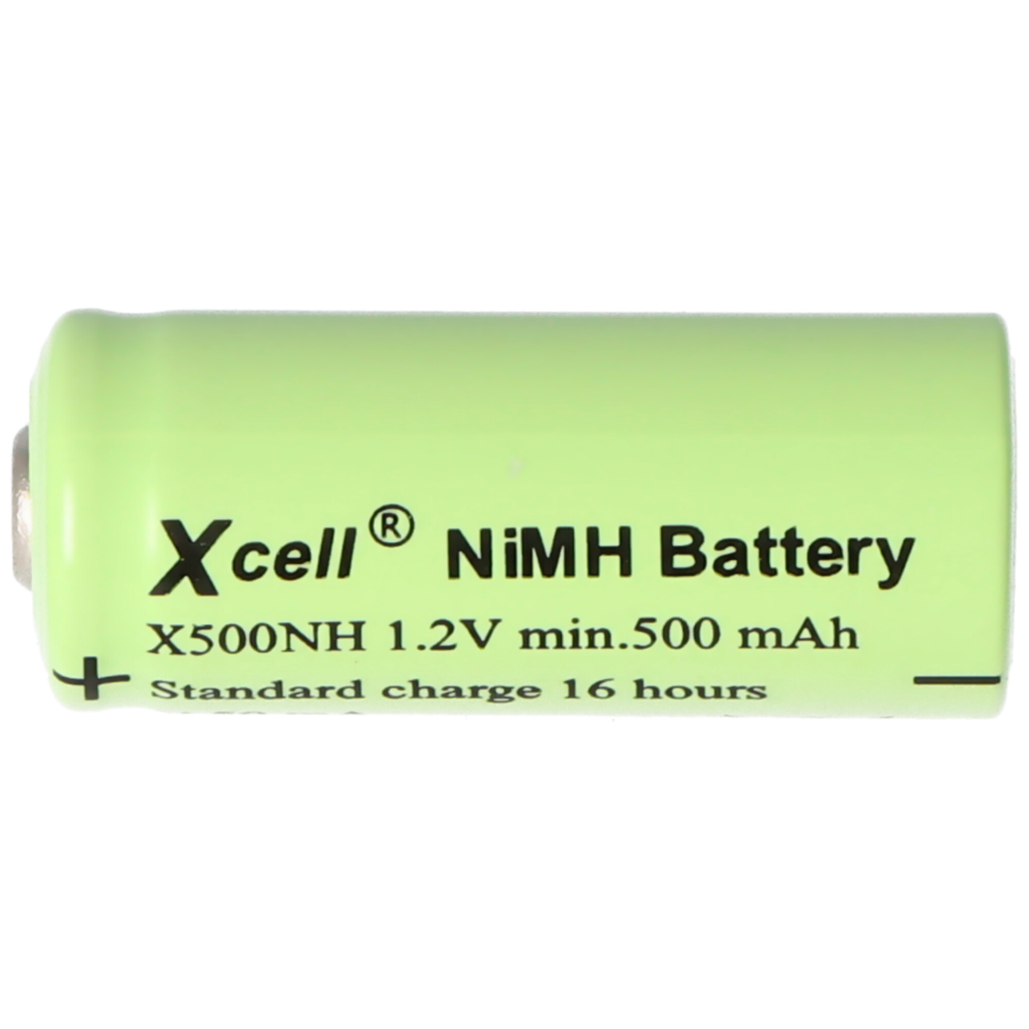 Grüne Xcell NiMH-Batterie mit Text, einschließlich 1,2 V und 500 mAh, weißer Hintergrund.