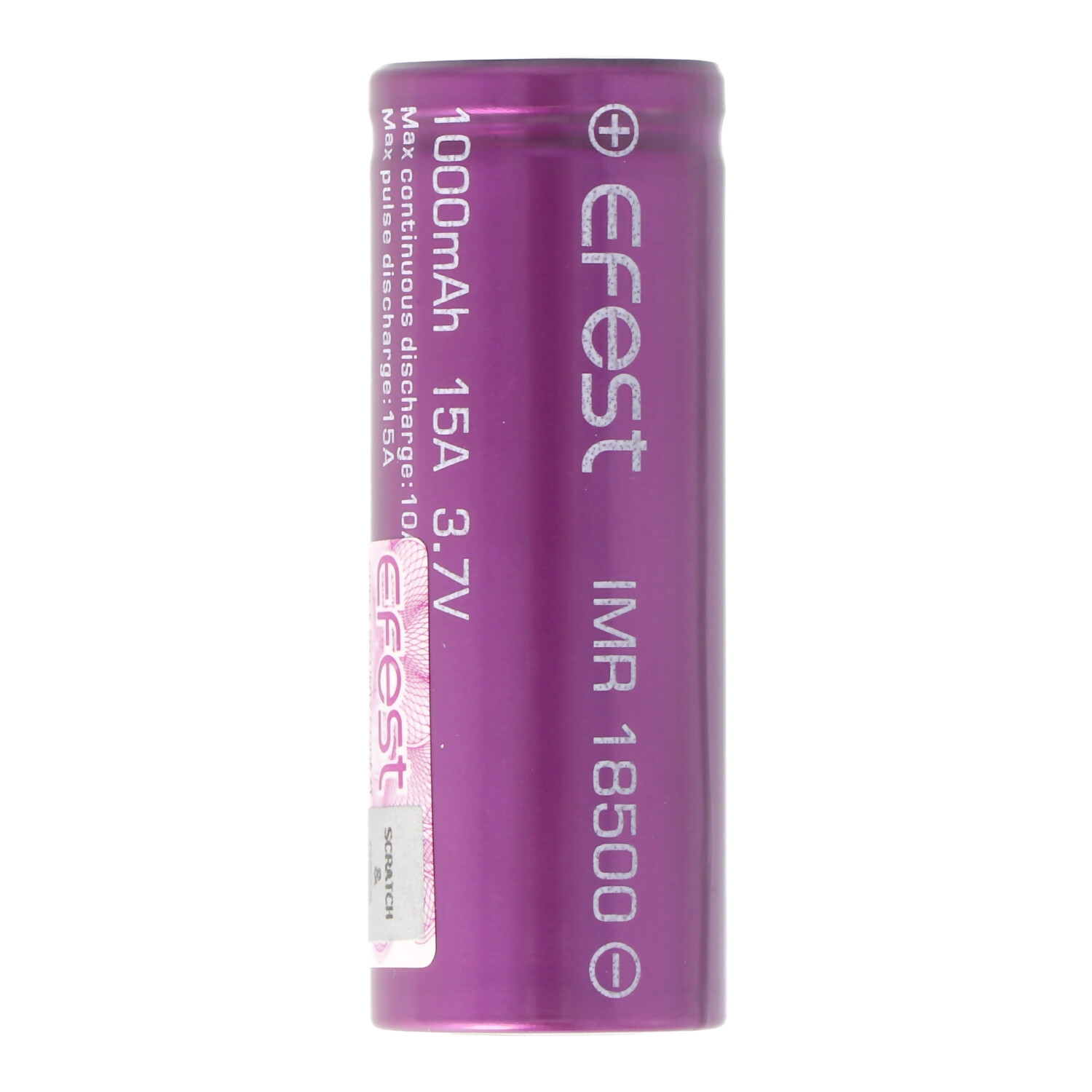 A purple 18500 battery with specs and brand name.
