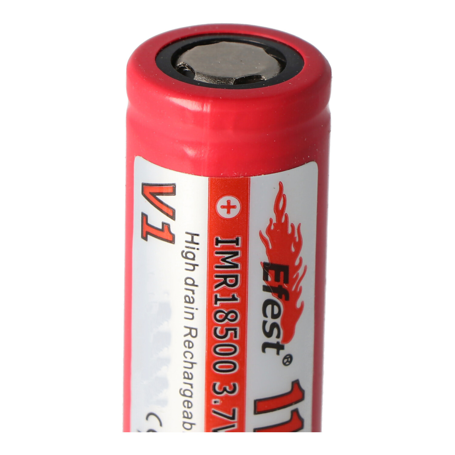 Red battery with white label indicating the battery's specifications.