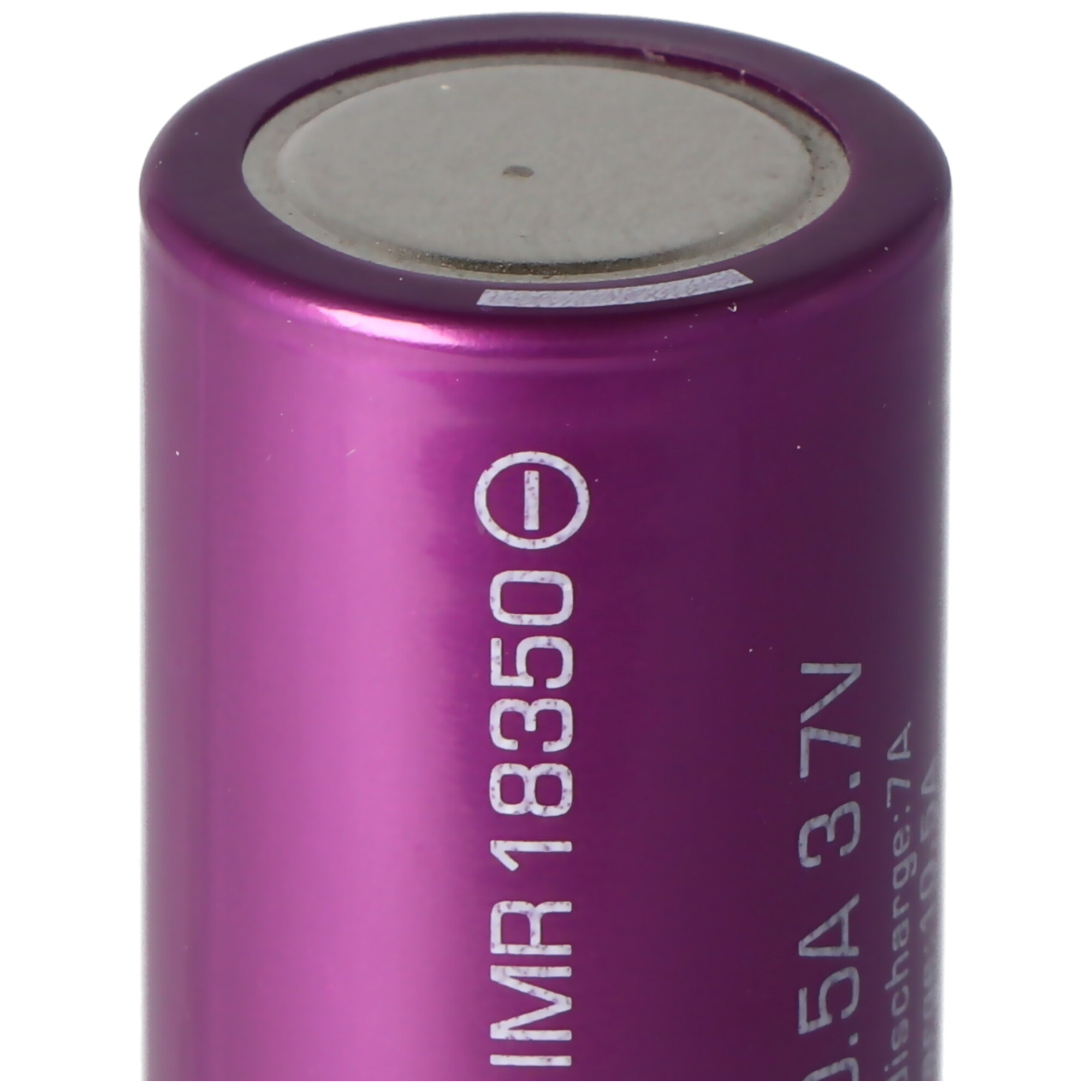 A purple battery with white text and a black cap. The battery has a plus sign.