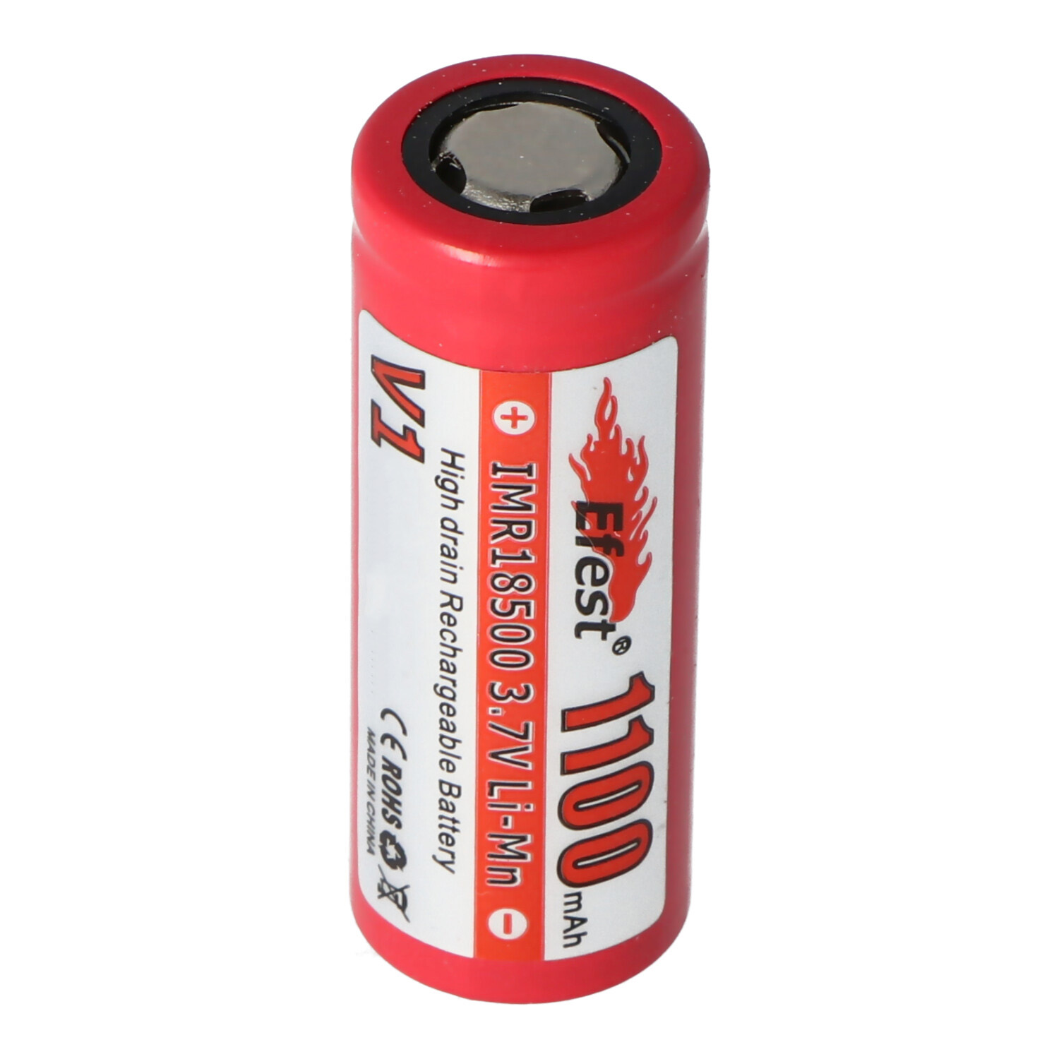 Red and white IMR18500 battery. Text reads 'Efest 1100mAh'.