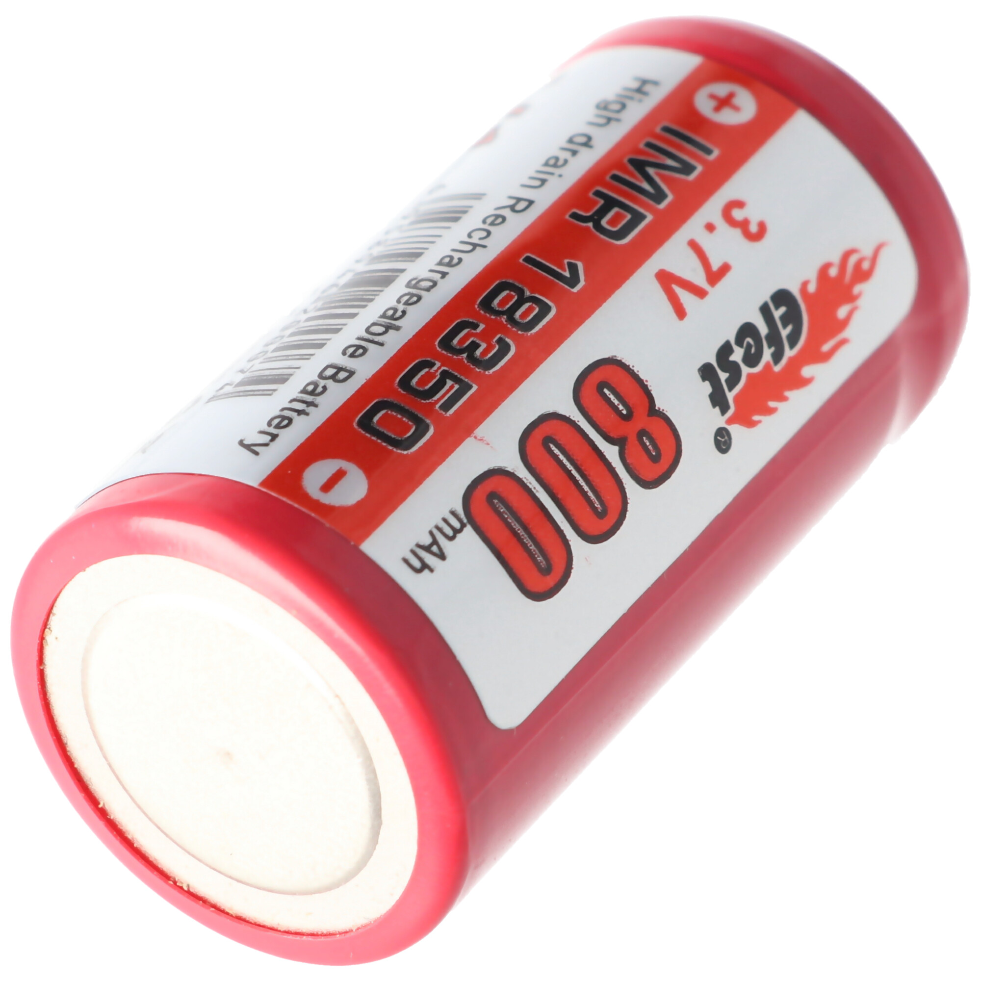 Rote und weiße zylindrische Batterie mit Etikett, das Kapazität und Spannung zeigt. Weißer Hintergrund.
