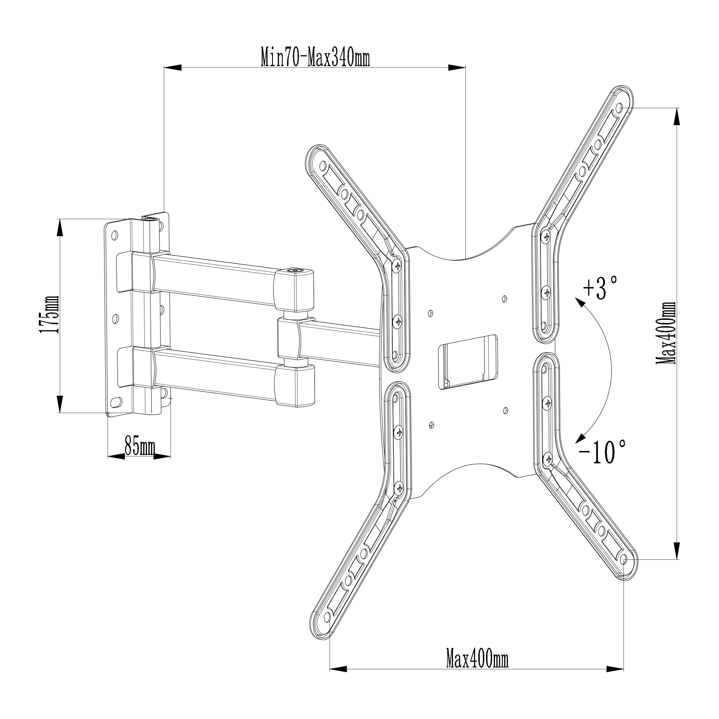 Diagramm einer TV-Halterung mit Abmessungen und Winkeln, weißer Hintergrund.