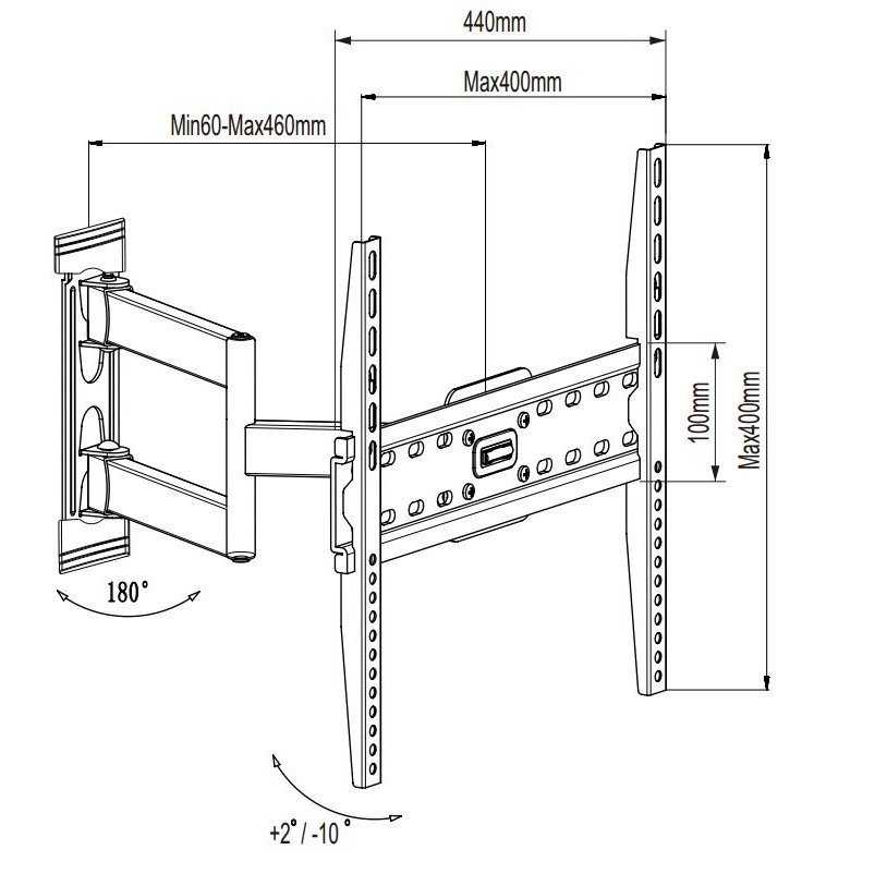 Diagramm einer TV-Wandhalterung mit Abmessungen und Winkeln.