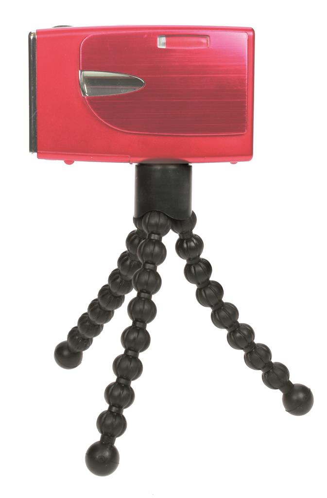 Rote Kamera auf einem schwarzen, flexiblen Stativ. Kamera ist oben montiert.