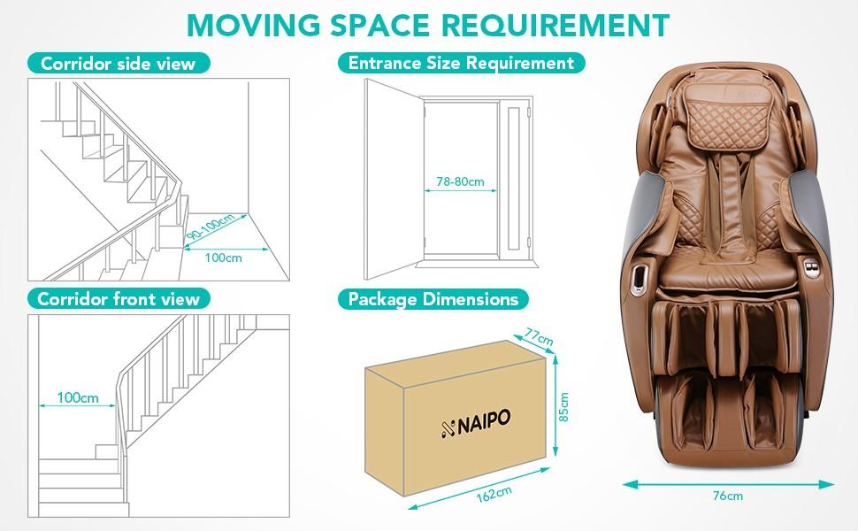 Diagramm mit Raumbedarf für einen Massagestuhl. Inklusive Maße für Treppen und Türen.