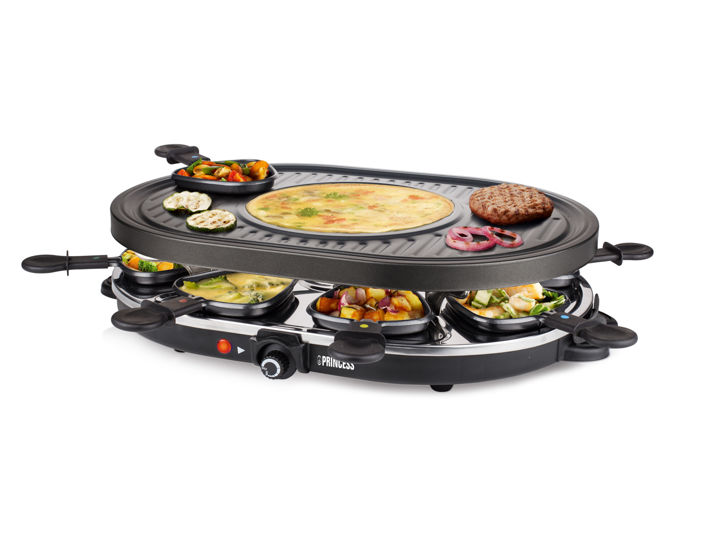 Ein schwarzer Raclette-Grill mit verschiedenen gekochten Speisen. Enthält Pfannen und einen Drehknopf.