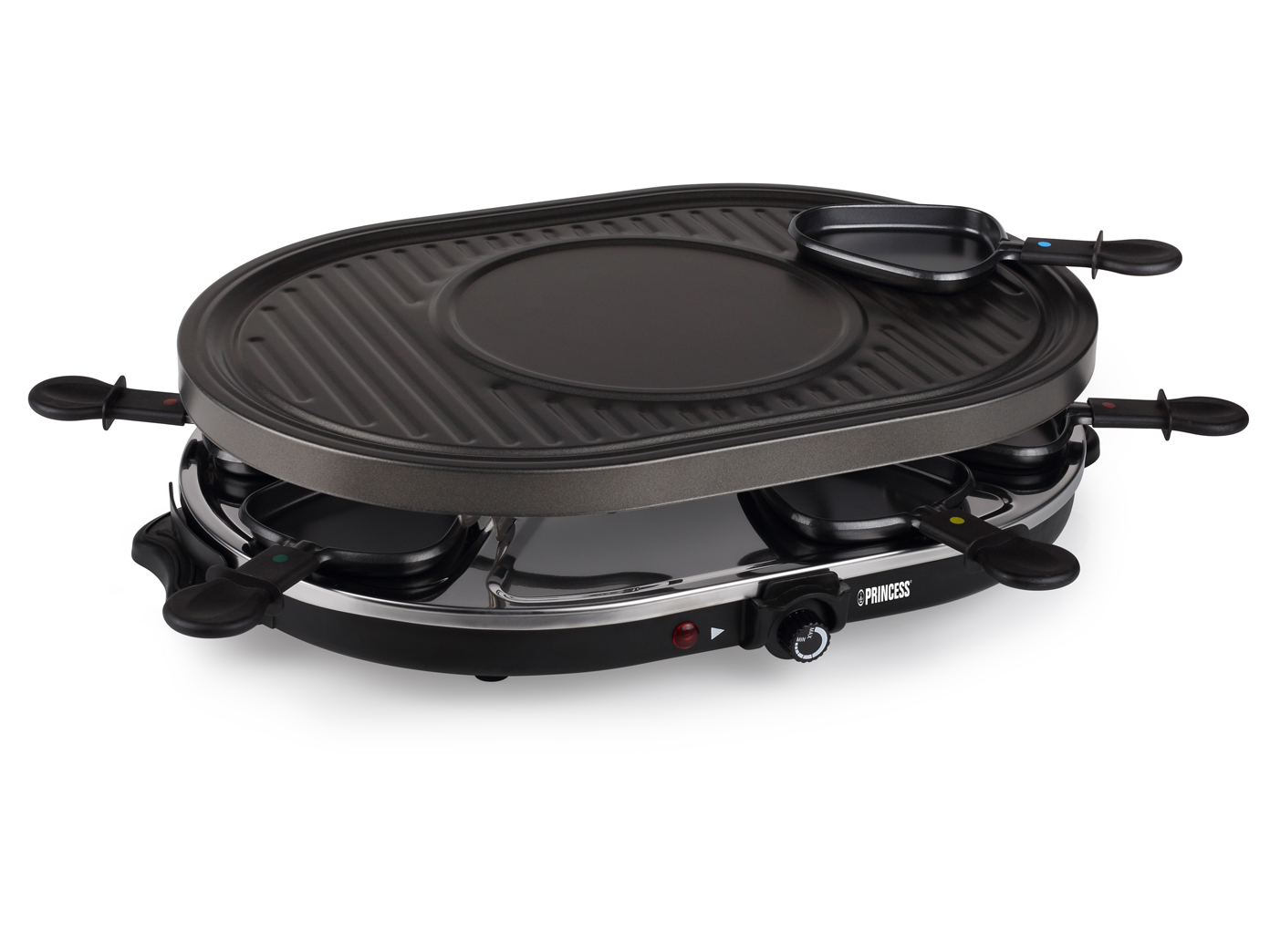Ein schwarzer Raclette-Grill mit Kochfläche und einzelnen Tabletts.