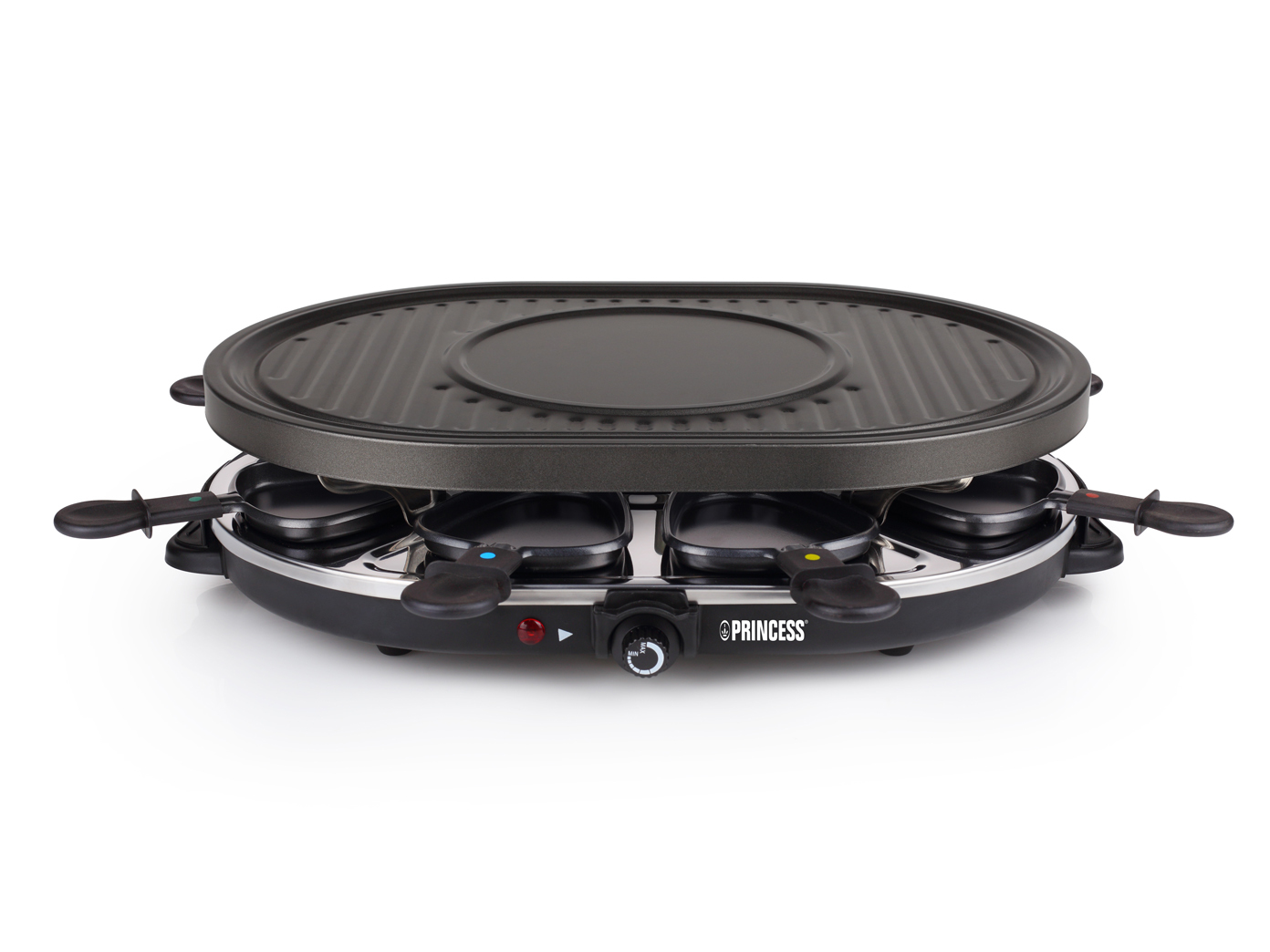 Ein schwarzer Raclette-Grill mit einem runden Obergrill und einzelnen Pfannen darunter.