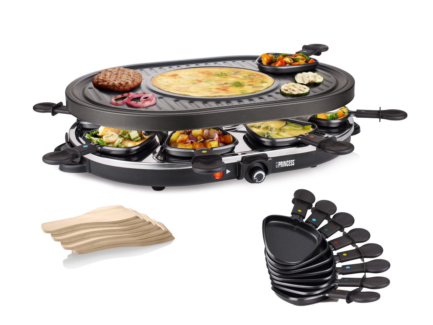 Raclette-Grill mit Essen. Inklusive Holzspateln und Mini-Pfannen. Essen: Burger, Gemüse, Omeletts.