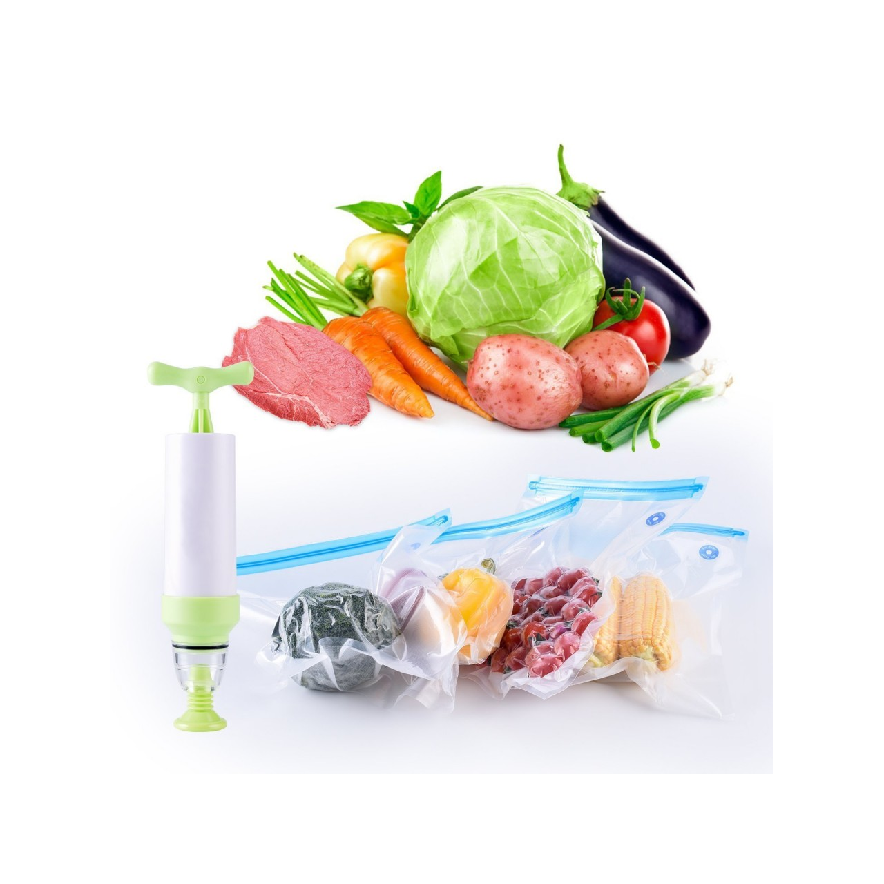 Gemüse und Fleisch mit Vakuumversiegeler. Weißer Hintergrund.