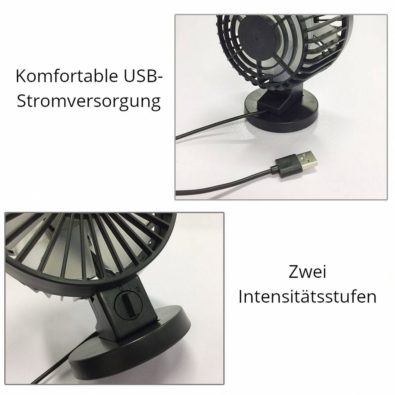 Due immagini di una ventola USB nera con testo. Una mostra la base e l'altra la testa della ventola.