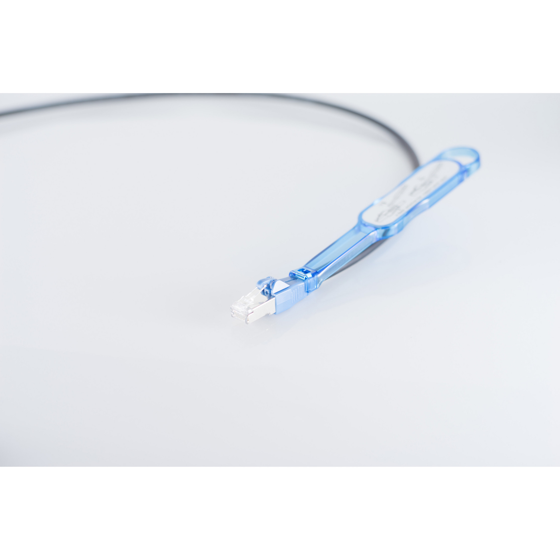 Ein blau-weißer RJ45-Stecker, der auf ein schwarzes Kabel gecrimpt ist, auf weißem Hintergrund.